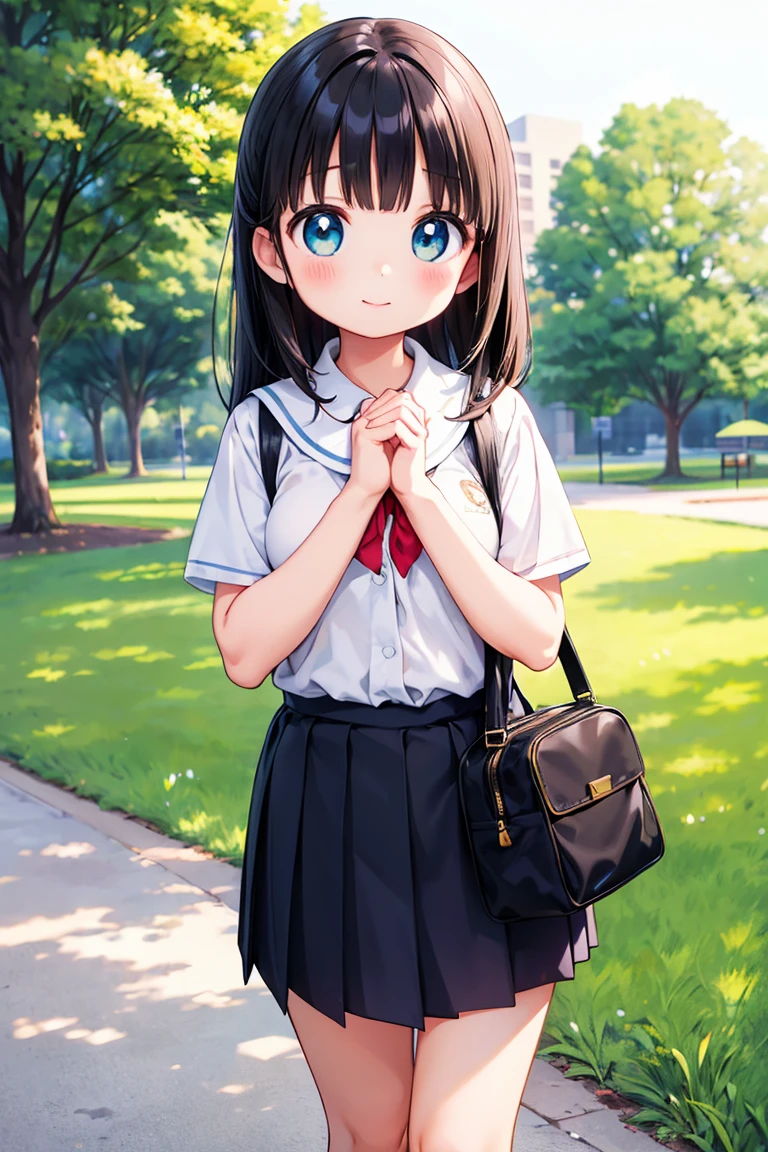 Beautiful illustration, best quality, cute girl, ((In a public park)), grass, stonebrick path, pastel color, natural tones, black bangs, ((School uniform)), happy, bright lighting, big eyes, ((Perfect hands))