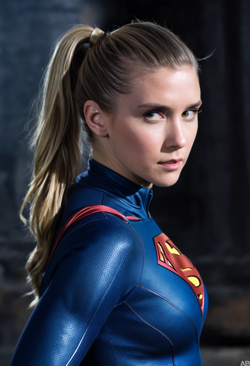 (((Extreme close-up Gaia Weiss under the mantle of the Kryptonian Kara zor-The alias Supergirl (((Skinhead))),(((With a ponytail-style hair tail))),(((Suit Superman Man Of Steel Movie))),(((Skinhead))),(((with a ponytail style hair tail)))