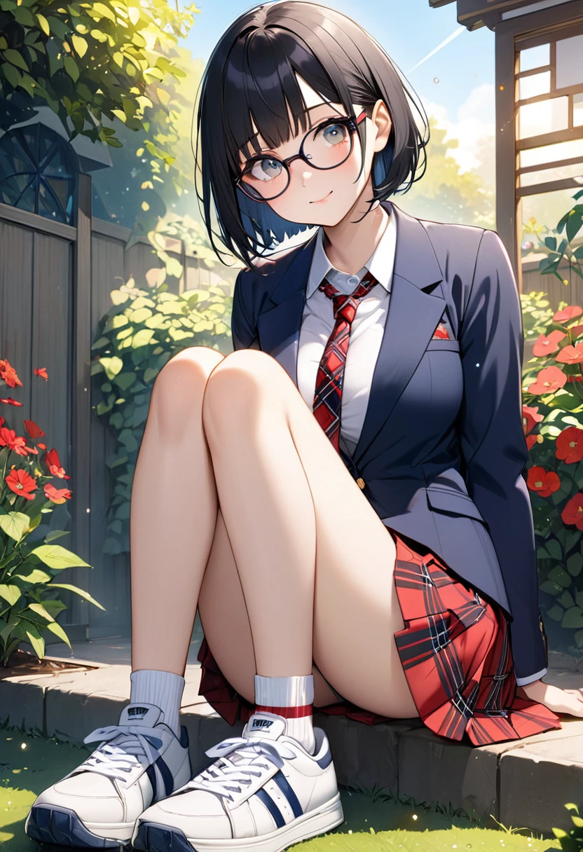 (Beautiful 18 year old Japanese woman), Cute Face, Navy Blue Blazer,Ribbon tie,Red tartan check skirt, tiny socks,sneakers,Glasses,(Deeply chiseled face:0.7), (freckles:0.6), Soft Light,Healthy white skin, Black Hair,Bobcut, (Sparkling eyes), thin,garden,Blue sky,Very large breasts,sitting down