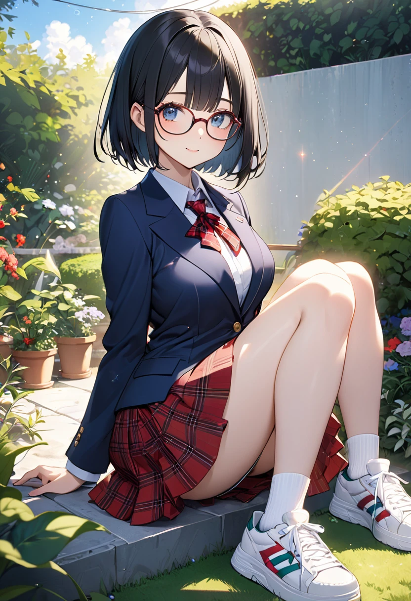 (Beautiful 18 year old Japanese woman), Cute Face, Navy Blue Blazer,Ribbon tie,Red tartan check skirt, tiny socks,sneakers,Glasses,(Deeply chiseled face:0.7), (freckles:0.6), Soft Light,Healthy white skin, Black Hair,Bobcut, (Sparkling eyes), thin,garden,Blue sky,Very large breasts,sitting down
