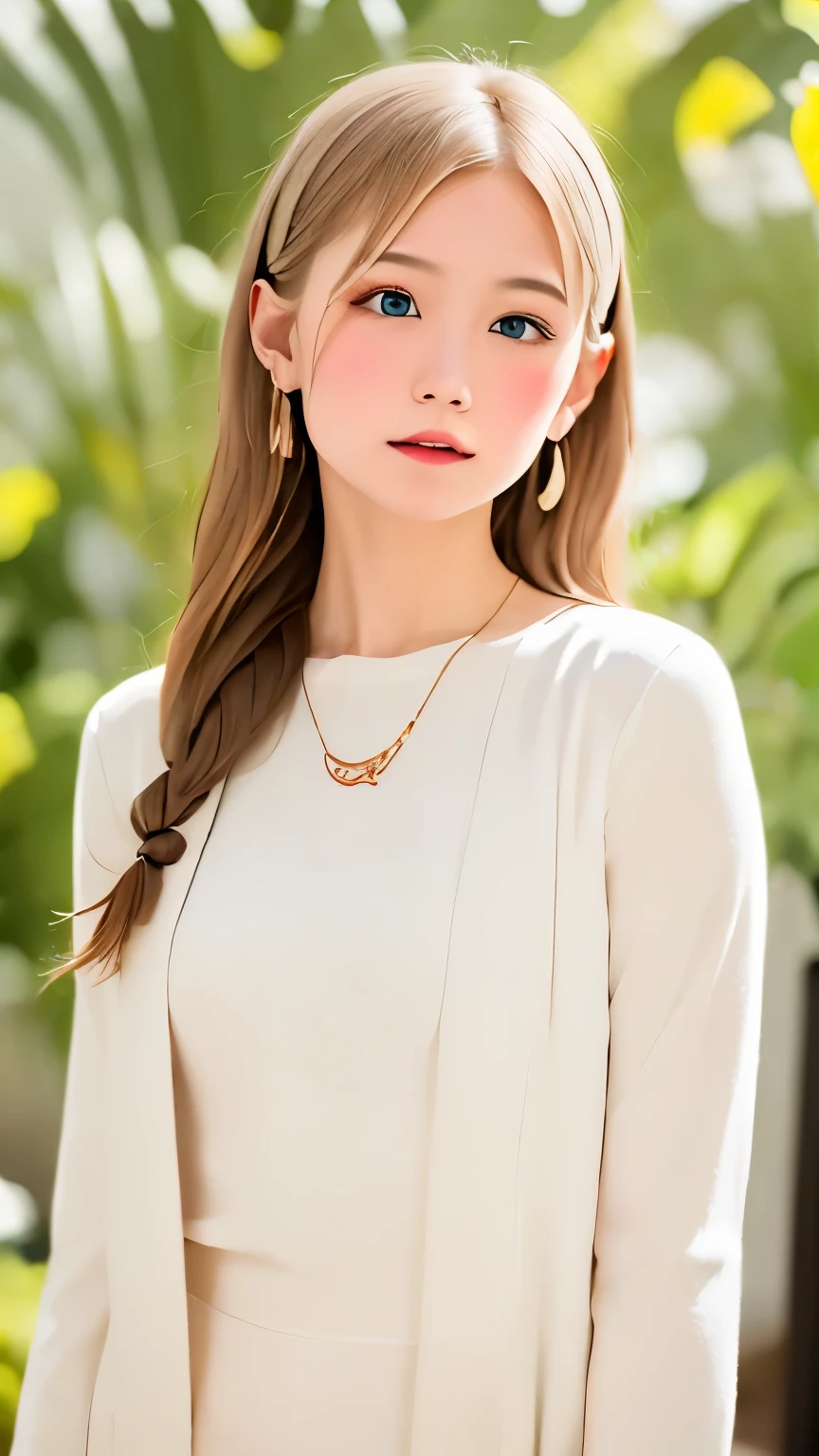 Highest quality、masterpiece 、One Girl, alone,very cute, Long Hair,  blue eyes, jewelry, Mouth closed:1.5, Jacket, Upper Body, Pink Hair, Earrings, necklace, From the side, sweater, Fuller lips, Wavy Hair, 耳のEarrings, eye shadow, cheek、hoop Earrings, Pink Lips, Variegated eyes, Pink Theme, , ピンクのeye shadow,