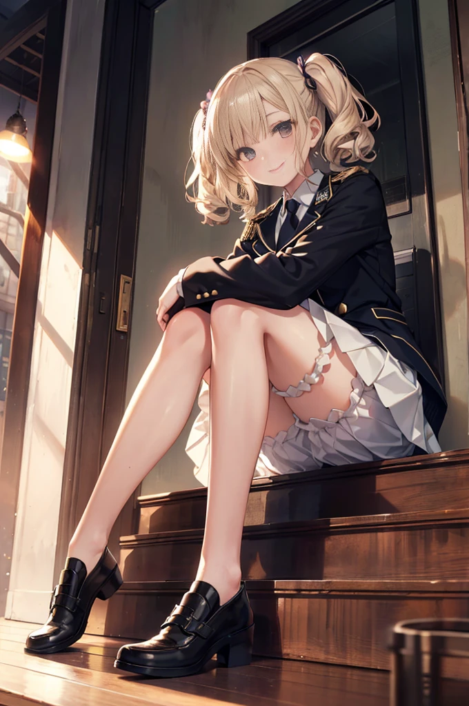 (masterpiece), 4K,woman,long sleeve military uniform,Small breasts,Small Ass,2 feet,Curly Twin Tails,Light bulb lighting,Realistic, skinny, Big smile,((Wear short bloomers under your skirt)),Sitting on the stairs,((Knee-length pleated skirt)),Angle from below the knee