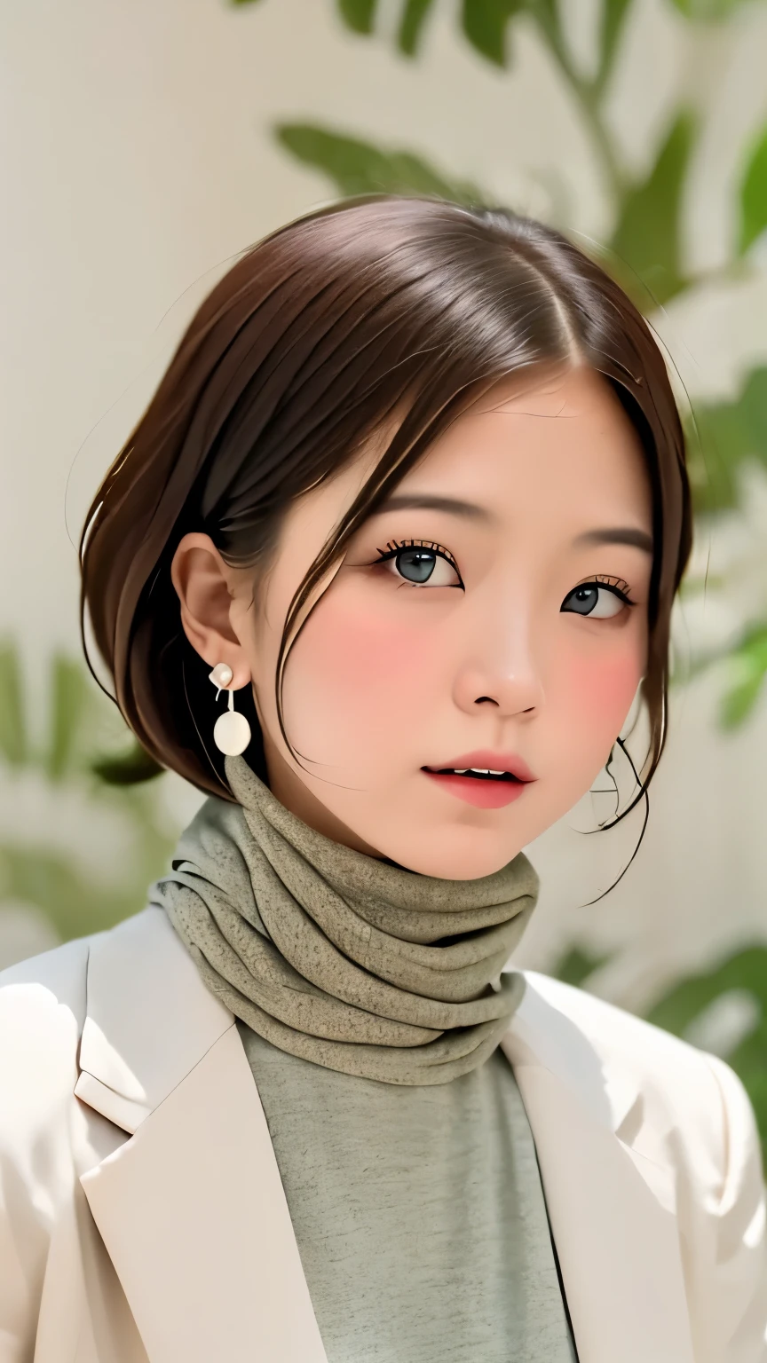 Highest quality、masterpiece 、One Girl, alone,very cute, Long Hair,  blue eyes, jewelry, Mouth closed:1.5, Jacket, Upper Body, Pink Hair, Earrings, necklace, From the side, sweater, Fuller lips, Wavy Hair, 耳のEarrings, eye shadow, cheek、hoop Earrings, Pink Lips, Variegated eyes, Pink Theme, , ピンクのeye shadow,