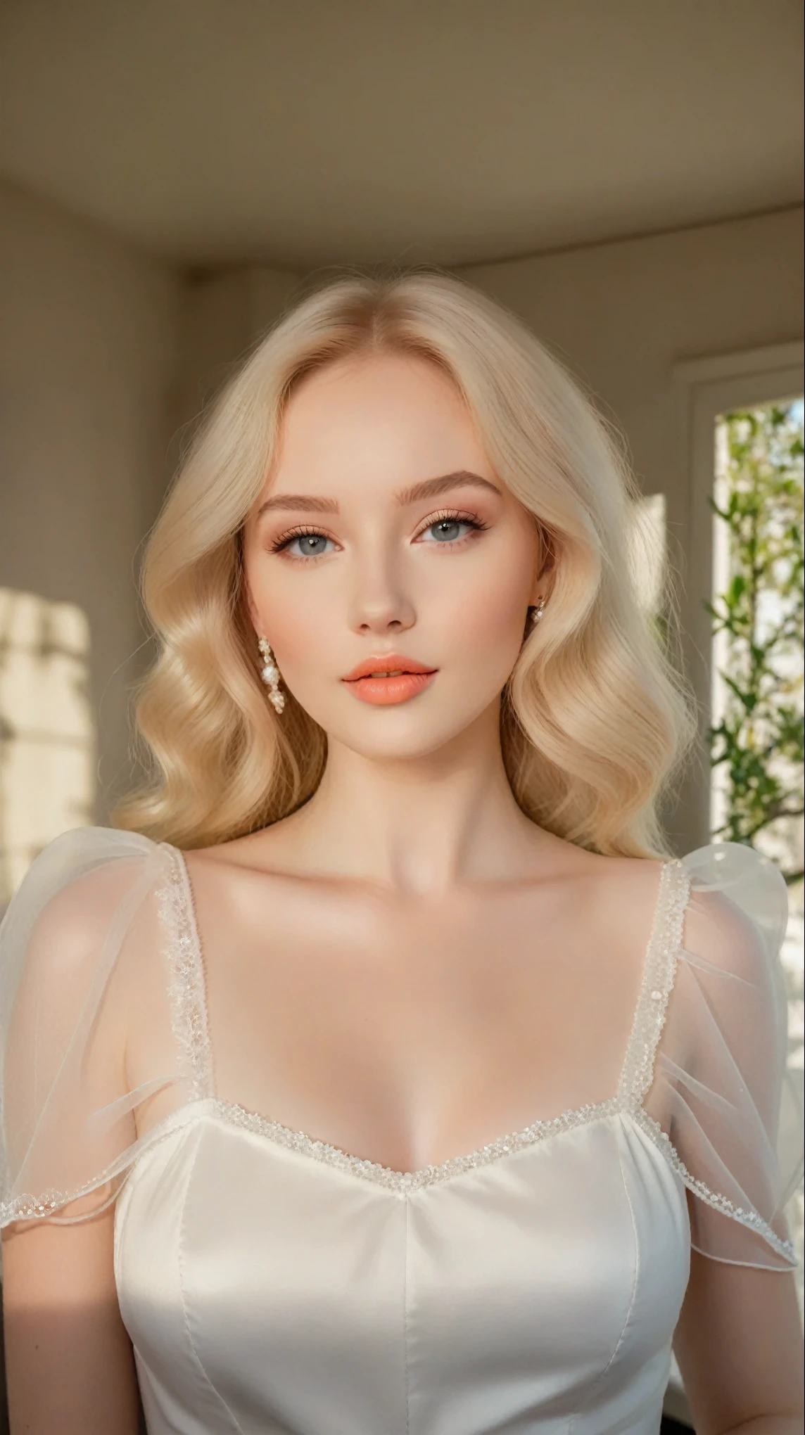 Arafed woman in a white dress posing for a photo., Pale skin cabello rubio rizado, A girl with blonde hair., Anastasia Ovchinnikova, Pale skin y brillante, beautiful delicate face, bright peach face, Pale skin suave natural, delicate pale pink lips, Pale skin, smooth and impeccable, beautiful delicate face, a beautiful blonde, Instagram Template