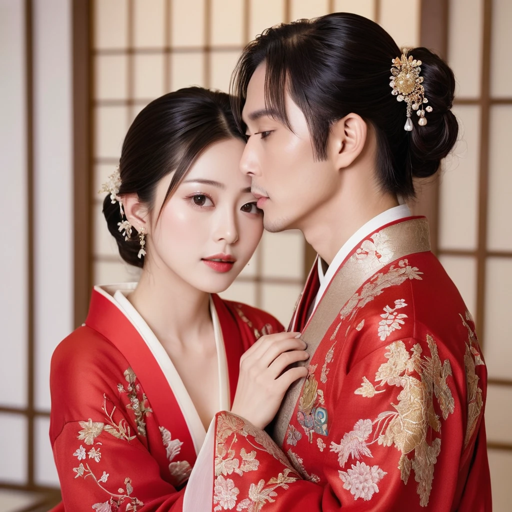 ((Highest quality)), ((masterpiece)), (detailed), (Perfect Face)、The woman is the beautiful Japanese woman, Satomi Ishihara, with large breasts and excellent proportions. She has her medium-long hair tied up and is wearing a gorgeous and glittering red wedding Hanfu with gold embroidery and trimmings. She is lavishly dressed and accessorized with luxurious accessories and an engagement ring.、A woman is embracing and kissing a handsome and dignified middle-aged Chinese man on a luxurious bed in a luxurious Chinese bedroom, making a deep and loving couple.、A woman is having her breasts fondled and caressed by a man