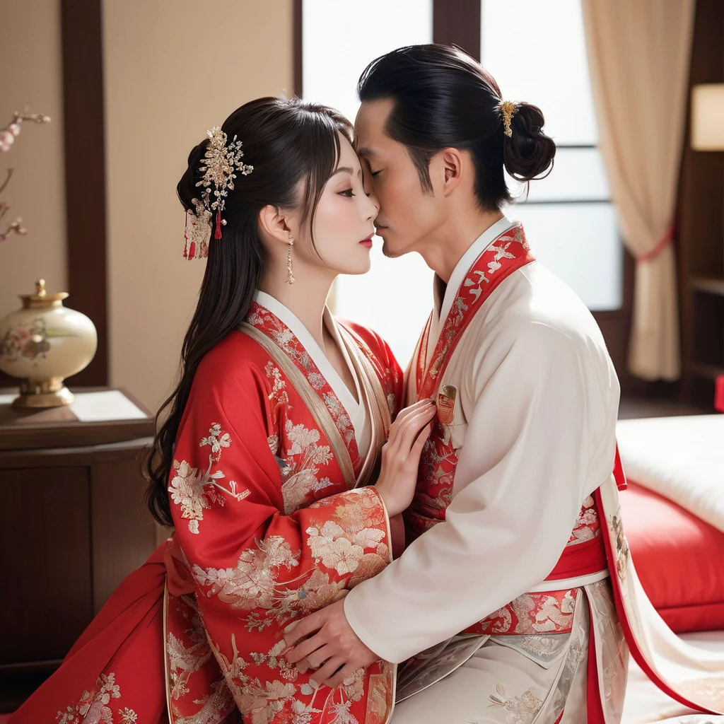 ((Highest quality)), ((masterpiece)), (detailed), (Perfect Face)、The woman is the beautiful Japanese woman, Satomi Ishihara, with large breasts and excellent proportions. She has her medium-long hair tied up and is wearing a gorgeous and glittering red wedding Hanfu with gold embroidery and trimmings. She is lavishly dressed and accessorized with luxurious accessories and an engagement ring.、A woman is embracing and kissing a handsome and dignified middle-aged Chinese man on a luxurious bed in a luxurious Chinese bedroom, making a deep and loving couple.、A woman is having her breasts fondled and caressed by a man
