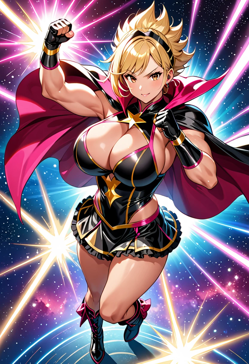 girl, pink and black mixed color, barefoot, ((sagging massive breasts)), (matching gloves and boots). she (short blonde, wearing (((too short))) skirt with frill, (((intricate)) wrestling outfit). fluttering cape, wrestler, muscle, (((from above))), 1 fist up, 1 arm up, enveloped in a shining aura.. Outer space background, Severe. masterpiece, Highest quality, employment. Diffraction Spikes, Particles of light.