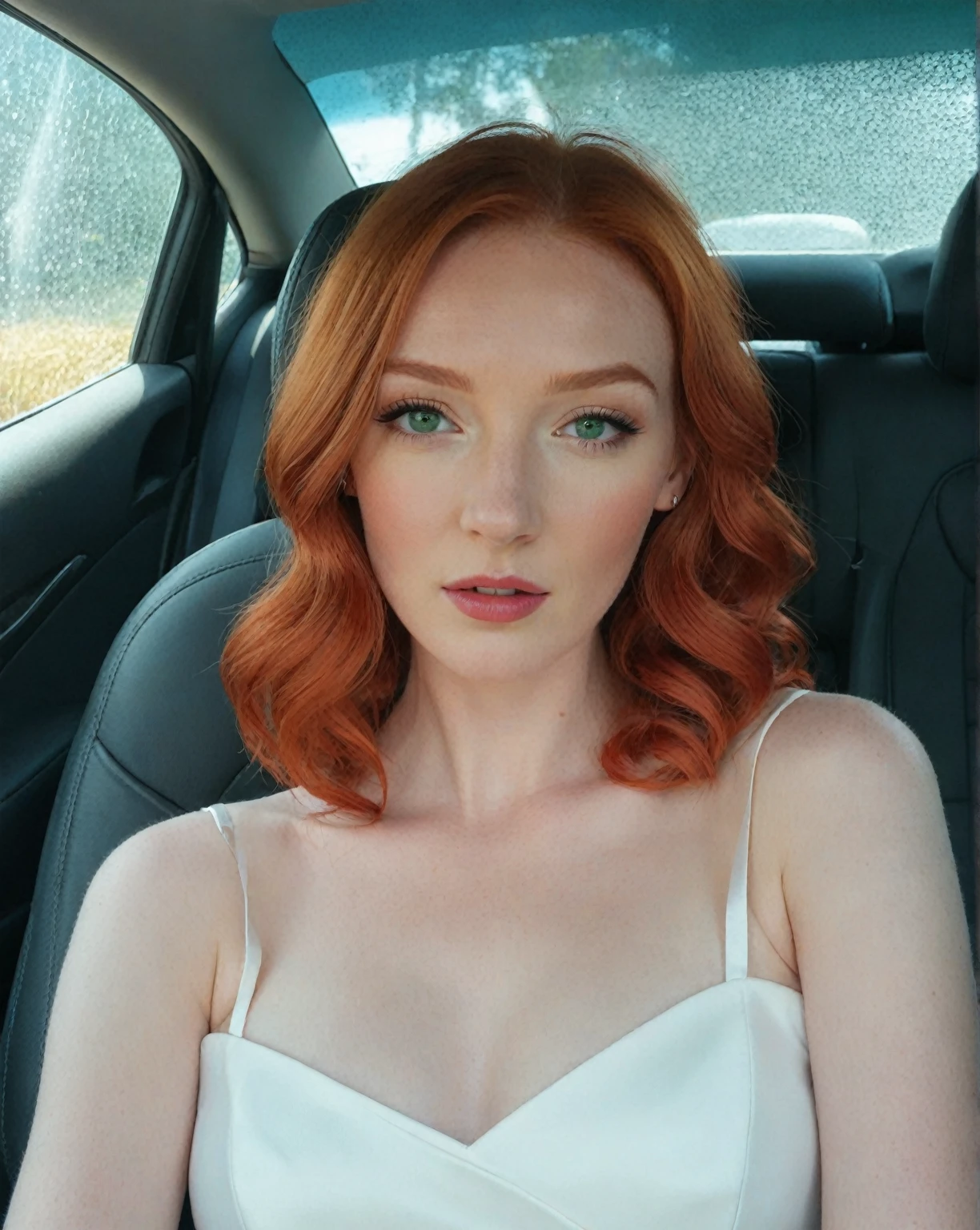 Arafed woman in a white dress sitting in a car., amaranth, better known as amaranth, young beautiful amaranth, with pale skin, Red head, Beautiful redhead woman, redhead goddess, with red hair and green eyes, eleanor tomlinson, redhead girl, red hair and attractive features, short redhead, Anna Nikonova aka Newmilky