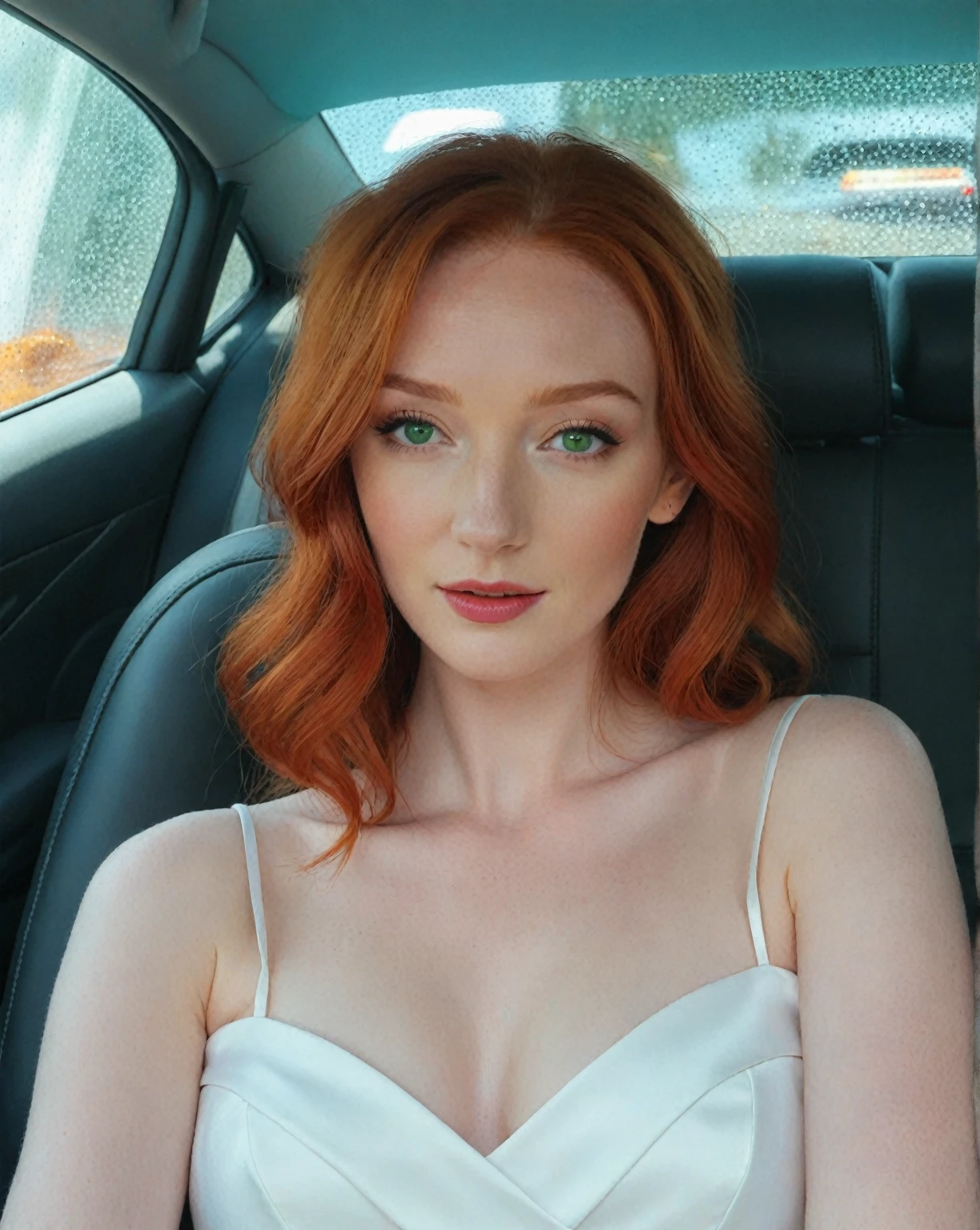 Arafed woman in a white dress sitting in a car., amaranth, better known as amaranth, young beautiful amaranth, with pale skin, Red head, Beautiful redhead woman, redhead goddess, with red hair and green eyes, eleanor tomlinson, redhead girl, red hair and attractive features, short redhead, Anna Nikonova aka Newmilky