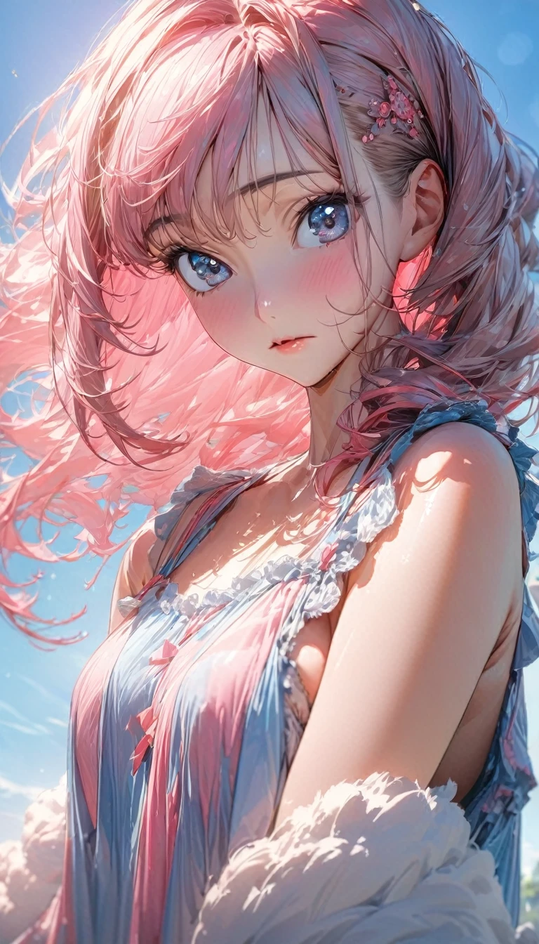 One person, high school , woman, Ultra-high resolution, 超detailed, Highest quality, 8k,((Highest quality)), ((masterpiece)), (detailed),Face direction(front),Hair Color(Bright pink,Fine hair quality), Hairstyle(Soft and fluffy, short), background(blue sky,morning),eye(きれいなeye元), clothing(negligee),expression(Exquisite features depicting a perfect face),Body Type(model,Naturally beautiful),Perfect hands,完璧なwoman像, Dramatic Shadows,Cute pose,Anime characters, Code Geass
