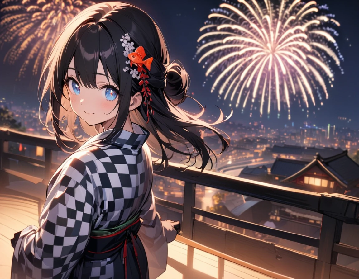 1 girl,amazing quality, aesthetic,ultra-detailed face,detailed eyes,fair skin,lash extension,star-shaped pupils,blue eyes,checkered pattern green yukata decorated with race,Japanese clothes,(long sleeve, long hem),race black gloves,smile,half updo,Goldfish shaped kanzashi hairpin,black hair,cowboy shot,Looking back at the viewer,night, (fireworks:1.4) in the sky,very wide shot, masterpiece, top quality, highly detailed illustration, incredibly delicate and beautiful