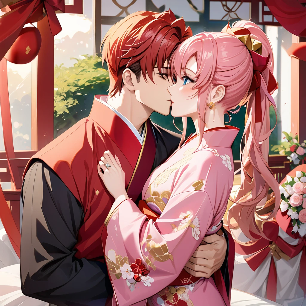 ((Highest quality)), ((masterpiece)), (detailed), (Perfect Face)、The woman is Lacus Clyne, with blue eyes and semi-long pink hair tied up in a ponytail. She is dressed in a gorgeous red wedding kimono with gold embroidery and trim, and is adorned with gorgeous accessories and an engagement ring.、The woman and a handsome, dignified middle-aged Chinese man embrace each other, kiss each other, and hold a grand wedding ceremony.