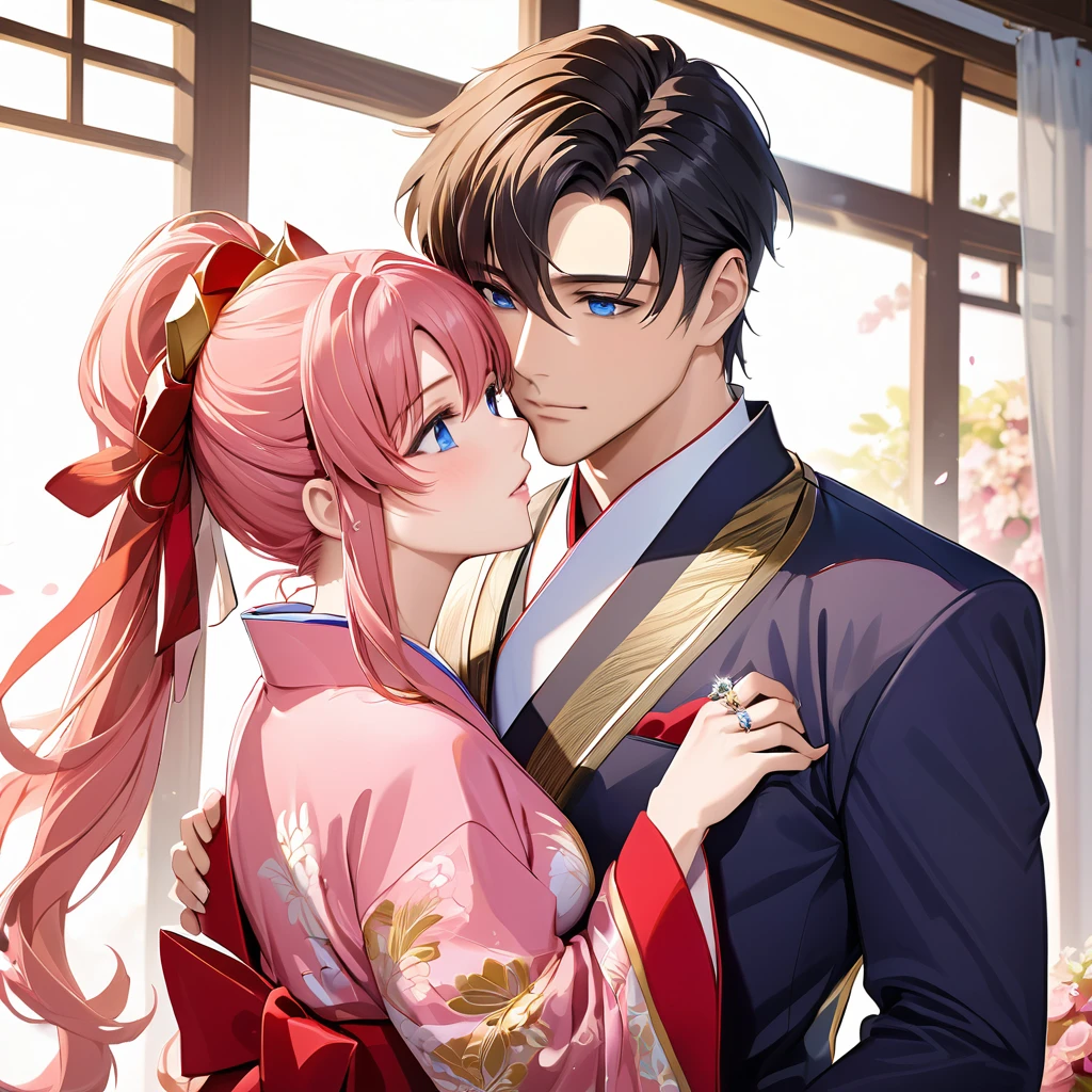 ((Highest quality)), ((masterpiece)), (detailed), （Perfect Face）、The woman is Lacus Clyne, with blue eyes and semi-long pink hair tied up in a ponytail. She is dressed in a gorgeous red wedding kimono with gold embroidery and trim, and is adorned with gorgeous accessories and an engagement ring.、The woman and a handsome, dignified middle-aged Chinese man embrace each other, kiss each other, and hold a grand wedding ceremony.