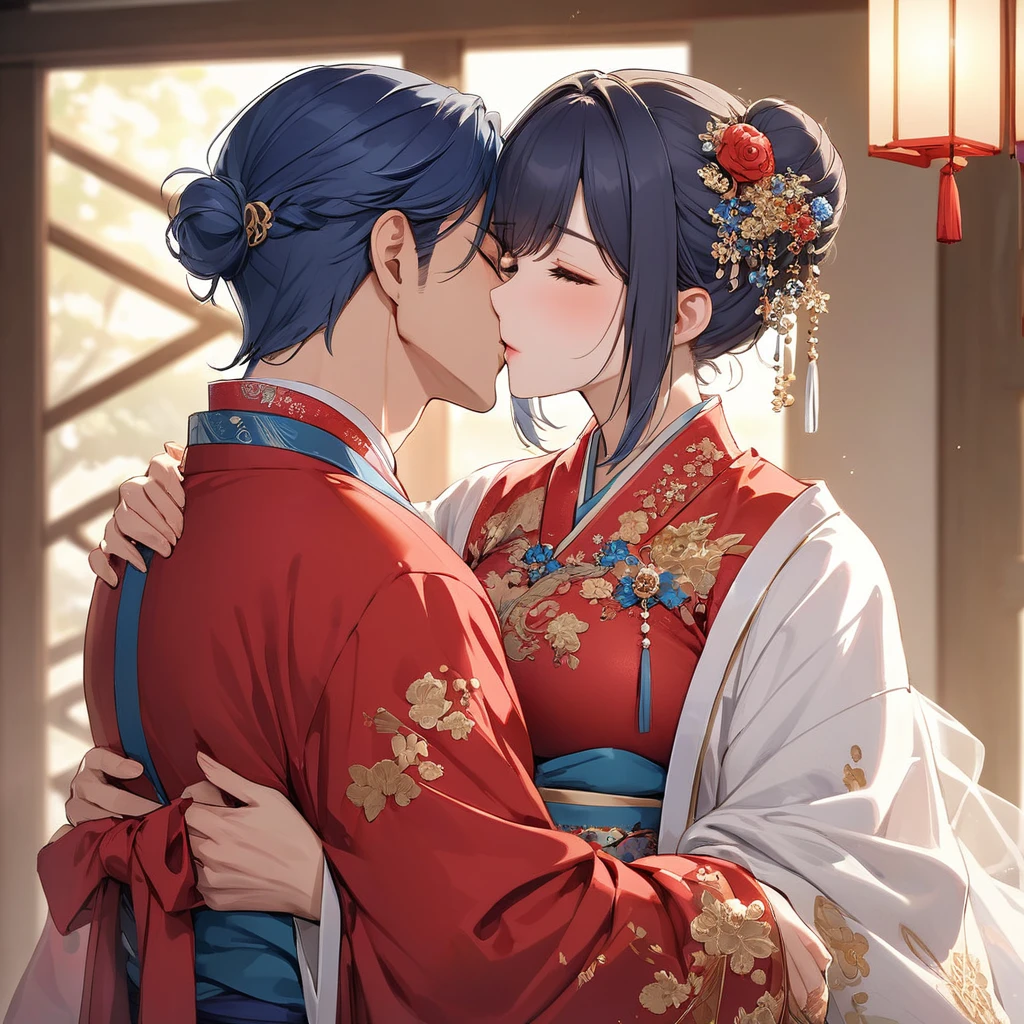 ((Highest quality)), ((masterpiece)), (detailed), （Perfect Face）、The woman, Akane Kurokawa, has short, blue bob hair tied up in a bun, is wearing a gorgeous red wedding Hanfu with gold embroidery and trim, and is lavishly dressed with gorgeous accessories and an engagement ring.、The woman and a handsome, dignified middle-aged Chinese man embrace each other, kiss each other, and hold a grand wedding ceremony.