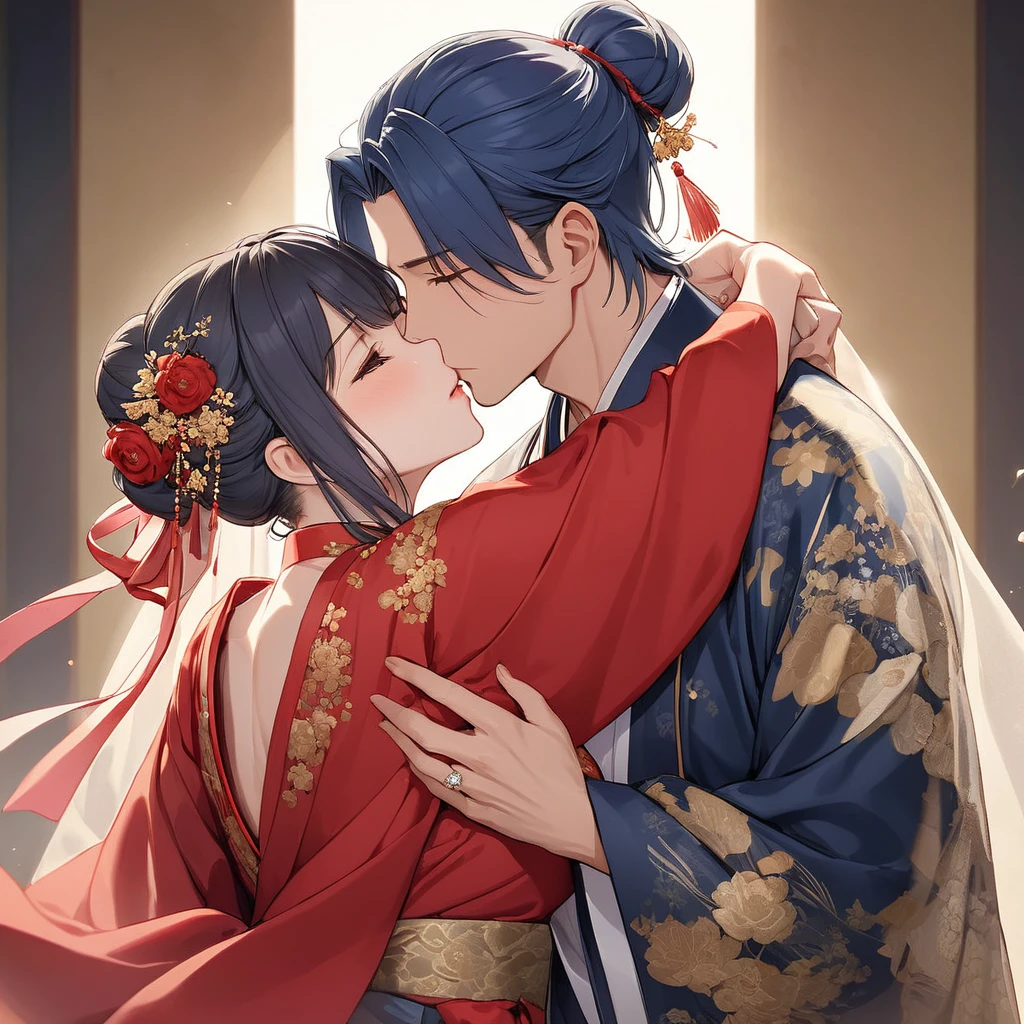 ((Highest quality)), ((masterpiece)), (detailed), (Perfect Face)、The woman, Akane Kurokawa, has short, blue bob hair tied up in a bun, is wearing a gorgeous red wedding Hanfu with gold embroidery and trim, and is lavishly dressed with gorgeous accessories and an engagement ring.、The woman and a handsome, dignified middle-aged Chinese man embrace each other, kiss each other, and hold a grand wedding ceremony.