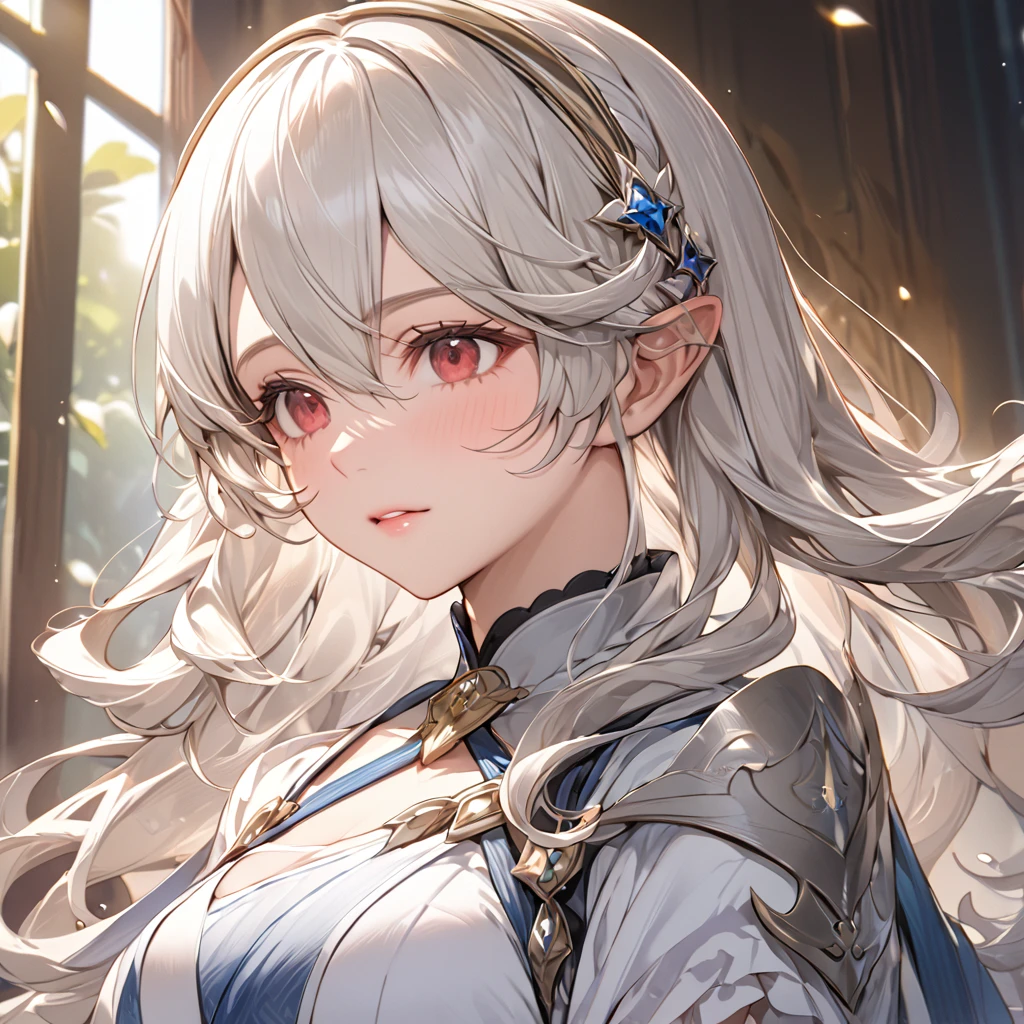 ((Highest quality)), ((masterpiece)), (detailed), （Perfect Face）、The woman is Kamui, a princess with medium-long silver hair.