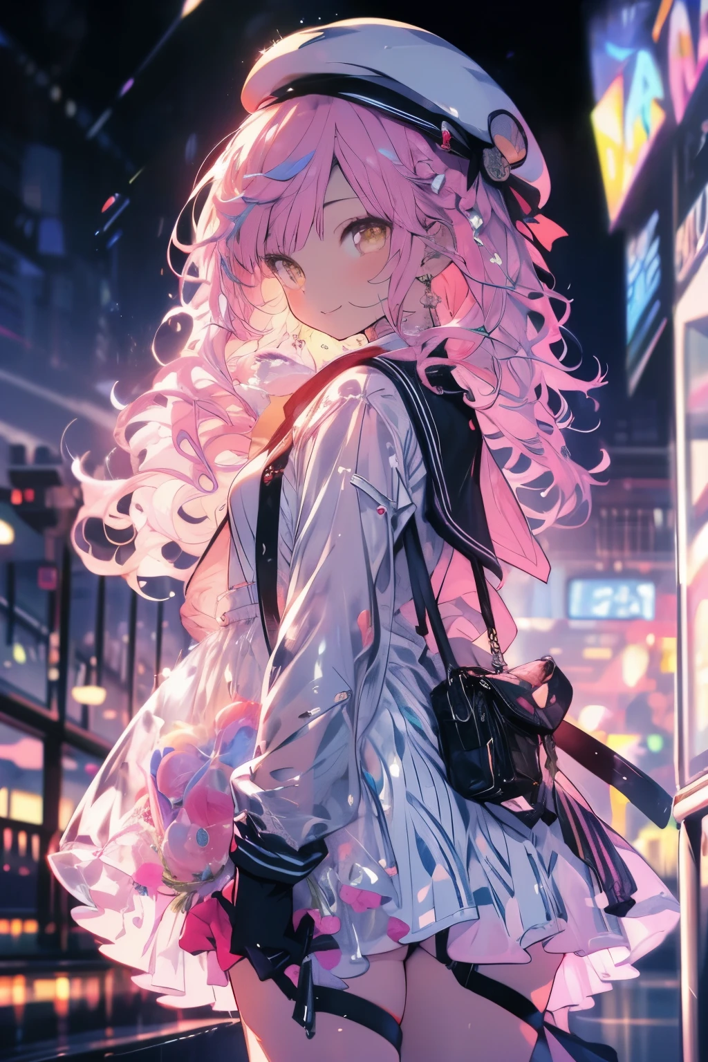 masterpieces.((Highest quality)), ((masterpiece)), (detailed), One girl, Pink Hair、Long Hair、Fair skin、White dresasterpiece、smile、Yellow Eyes、Anime Girls, 魅惑的なAnime Girls, Small curves , Beautiful and attractive anime teen, Highest rated on pixiv, Pixiv 3DCG, 非常にdetailed,、Young Girl、Virgins、Sailor suit、beret