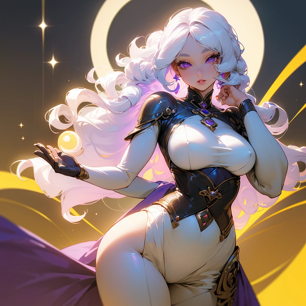 ((ultra quality)), ((masterpiece)), ((Angelic beauty woman)), ((long white curly hair)), ((White hair)), ((White hair)), ((curly hair)), (beautiful face), (beautiful female lips), charming, ((sweet facial expression)), ((Sun and moon decorations)), looks at the camera with a slight smile, (White skin color), (White skin), glow on the body, ((detailed eyes)), ((violet eyes)), (juicy female lips), (dark eyeliner), (beautiful female hands), ((thick body)), ideal female body, beautiful waist, beautiful big hips, big breasts, thick thighs, ((Subtle and beautiful)) (), ((depth of field)), ((high quality clear image)), (delete details), ((High detail)), ((clear focus))
