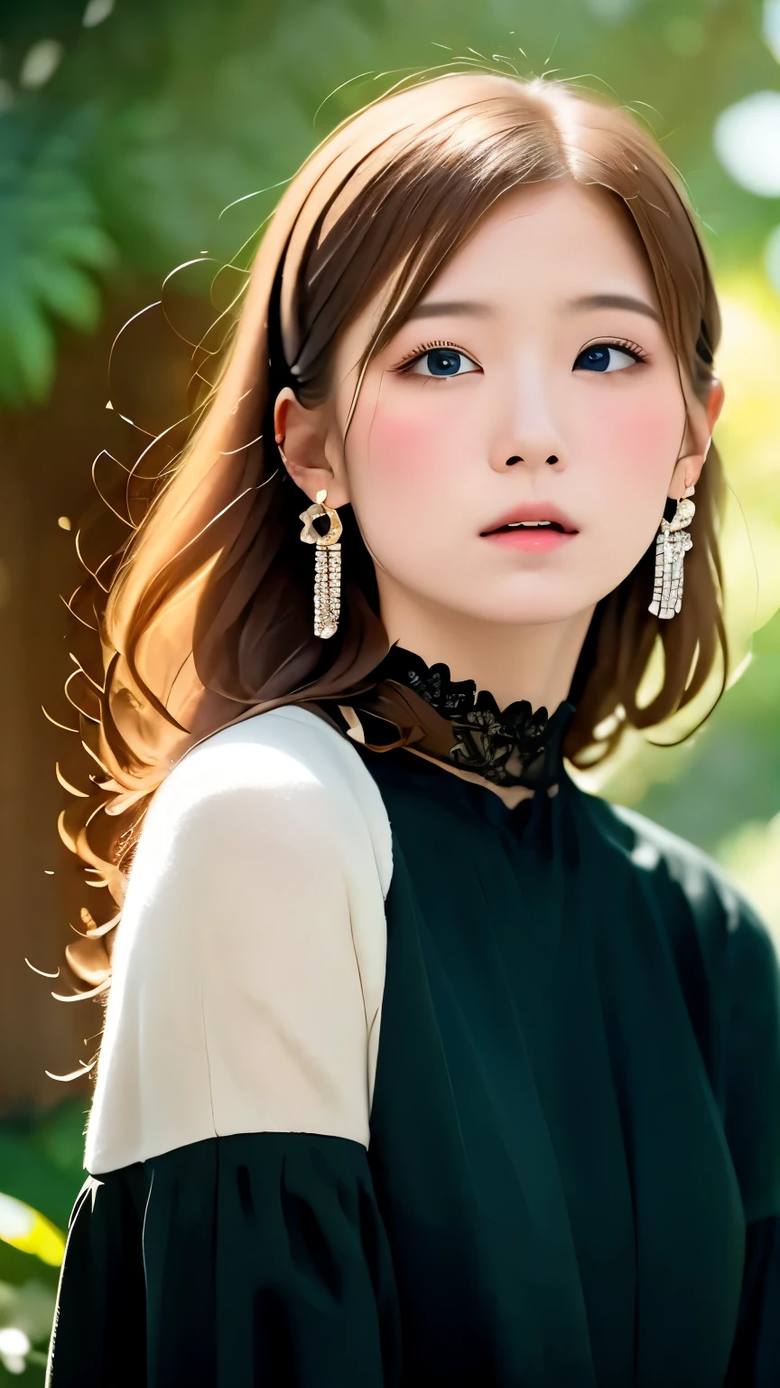 Highest quality、masterpiece 、One Girl, alone,very cute, Long Hair,  blue eyes, jewelry, Mouth closed:1.5, Jacket, Upper Body, Pink Hair, Earrings, necklace, From the side, sweater, Fuller lips, Wavy Hair, 耳のEarrings, eye shadow, cheek、hoop Earrings, Pink Lips, Variegated eyes, Pink Theme, , ピンクのeye shadow,