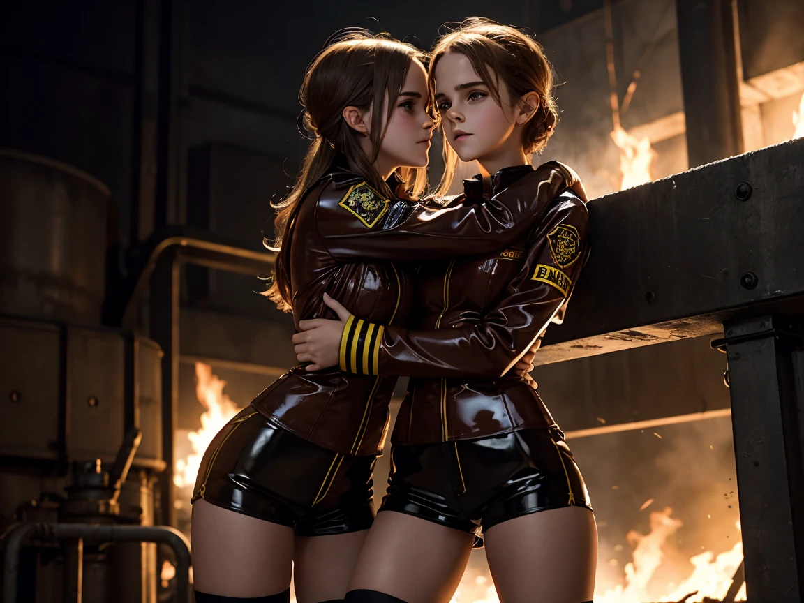 emma watson as two sexy firefighter girls sitting on a fence. tight intricate uniform. brown latex shorts. slender body. hugging each other. open legs. inside dark metal factory. dark background, furnace. goggles. hugging.