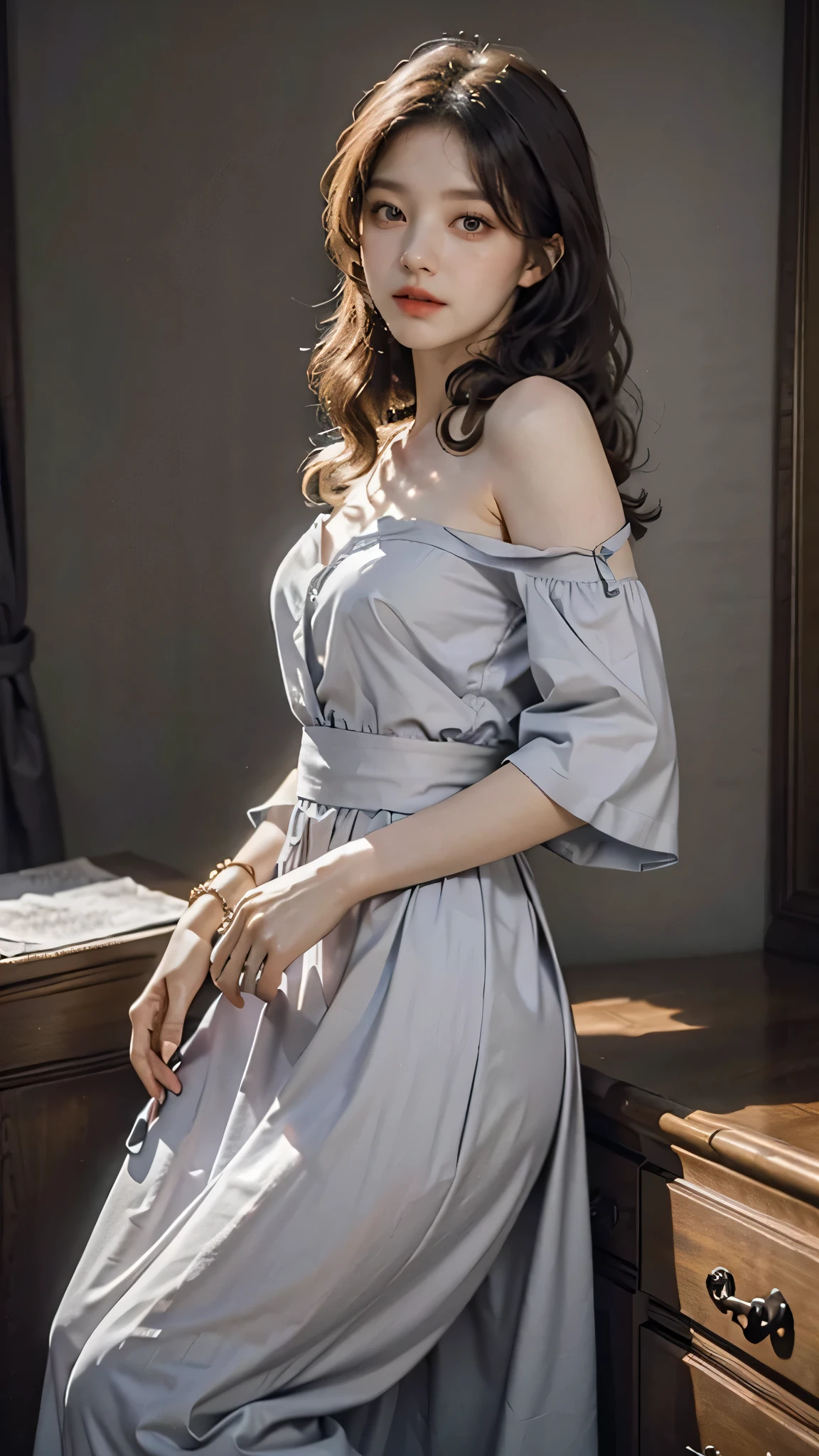detailed background, masterpiece, best quality, 1 person , curly hair, long hair, purple eyes, star in eye , grey Strapless blouse, long skirt, grey, tight