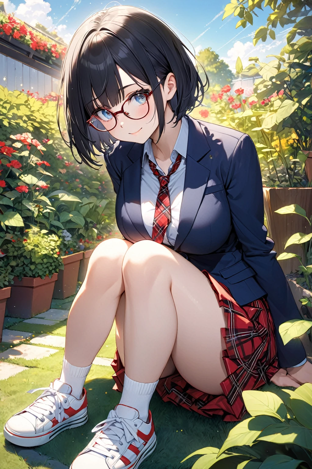 (Beautiful 18 year old Japanese woman), Cute Face, Navy Blue Blazer,Ribbon tie,Red tartan check skirt, tiny socks,sneakers,Glasses,(Deeply chiseled face:0.7), (freckles:0.6), Soft Light,Healthy white skin, Black Hair,Bobcut, (Sparkling eyes), thin,garden,Blue sky,Very large breasts,sitting down