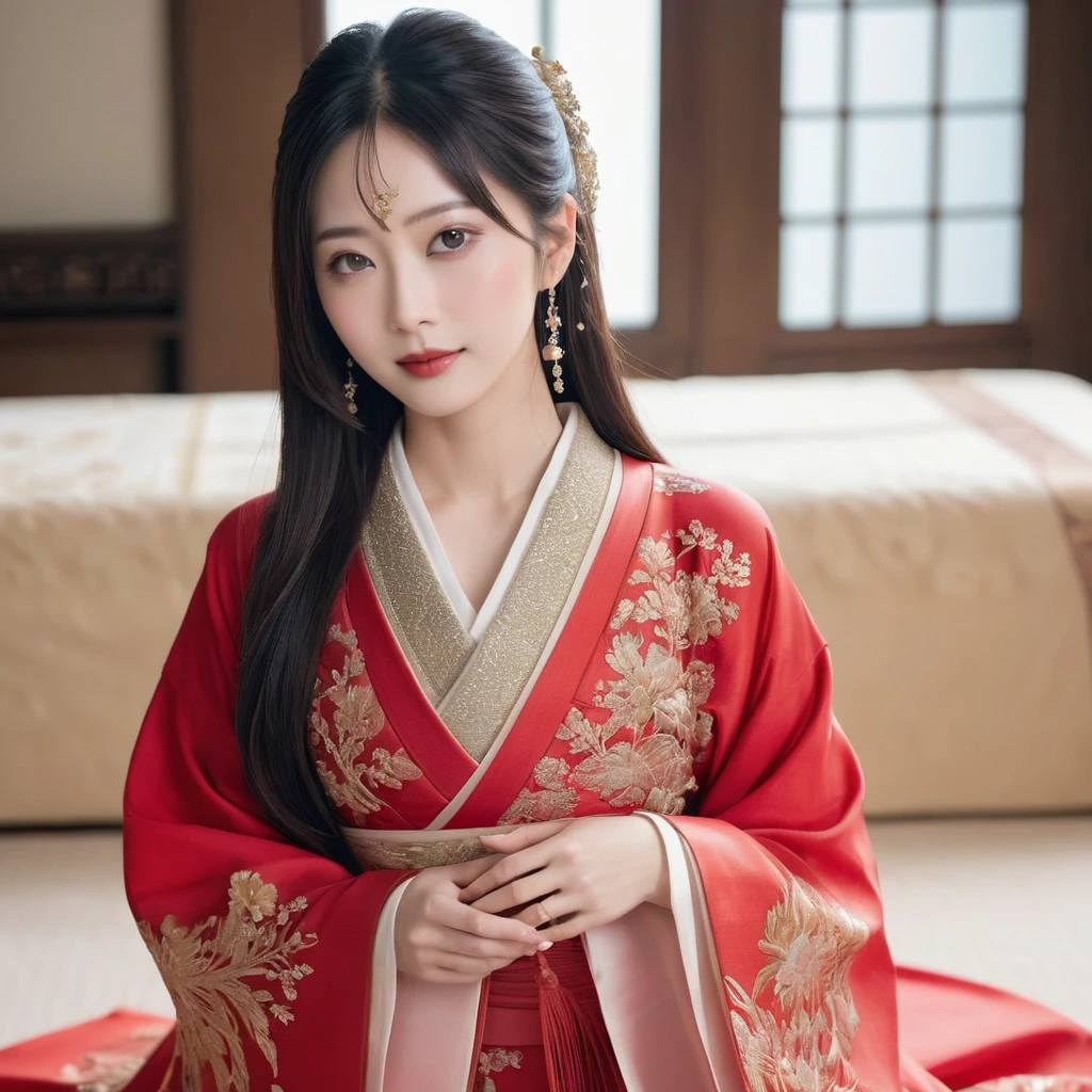 ((Highest quality)), ((masterpiece)), (detailed), (Perfect Face)、The woman is the beautiful Japanese woman, Satomi Ishihara, with large breasts and excellent proportions. She has her medium-long hair tied up and is wearing a gorgeous and glittering red wedding Hanfu with gold embroidery and trimmings. She is lavishly dressed and accessorized with luxurious accessories and an engagement ring.、A woman is embracing and kissing a handsome and dignified middle-aged Chinese man on a luxurious bed in a luxurious Chinese bedroom, making a deep and loving couple.、A woman is having her breasts fondled and caressed by a man