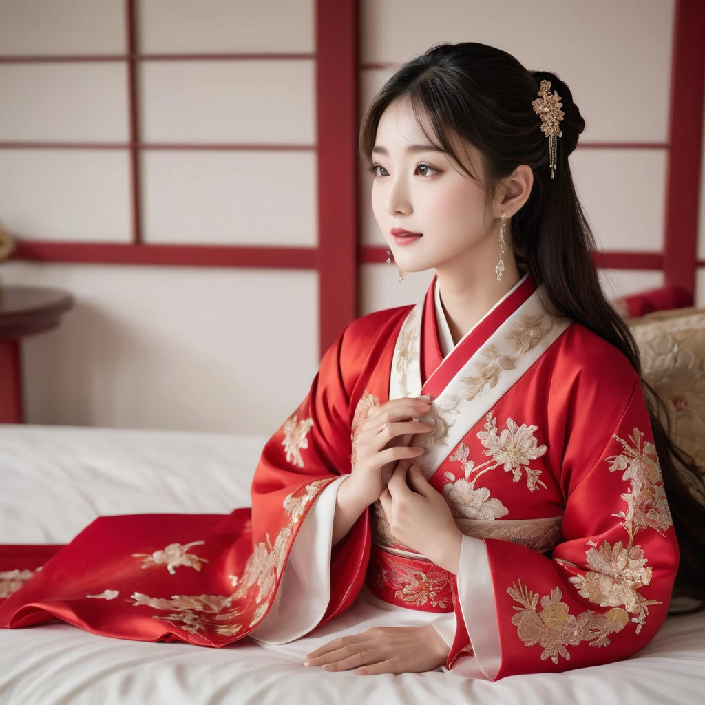 ((Highest quality)), ((masterpiece)), (detailed), （Perfect Face）、The woman is the beautiful Japanese woman, Satomi Ishihara, with large breasts and excellent proportions. She has her medium-long hair tied up and is wearing a gorgeous and glittering red wedding Hanfu with gold embroidery and trimmings. She is lavishly dressed and accessorized with luxurious accessories and an engagement ring.、A woman is embracing and kissing a handsome and dignified middle-aged Chinese man on a luxurious bed in a luxurious Chinese bedroom, making a deep and loving couple.、A woman is having her breasts fondled and caressed by a man