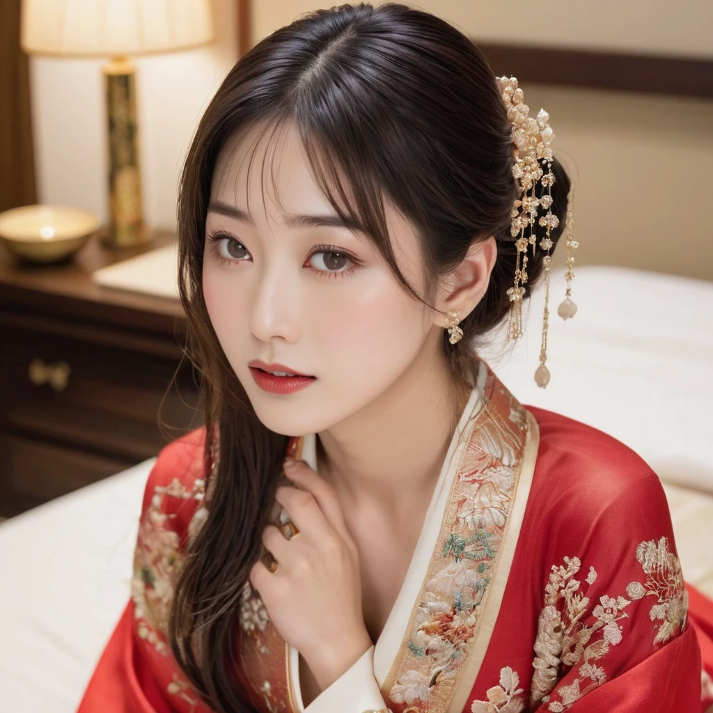 ((Highest quality)), ((masterpiece)), (detailed), (Perfect Face)、The woman is the beautiful Japanese woman, Satomi Ishihara, with large breasts and excellent proportions. She has her medium-long hair tied up and is wearing a gorgeous and glittering red wedding Hanfu with gold embroidery and trimmings. She is lavishly dressed and accessorized with luxurious accessories and an engagement ring.、A woman is embracing and kissing a handsome and dignified middle-aged Chinese man on a luxurious bed in a luxurious Chinese bedroom, making a deep and loving couple.、A woman is having her breasts fondled and caressed by a man
