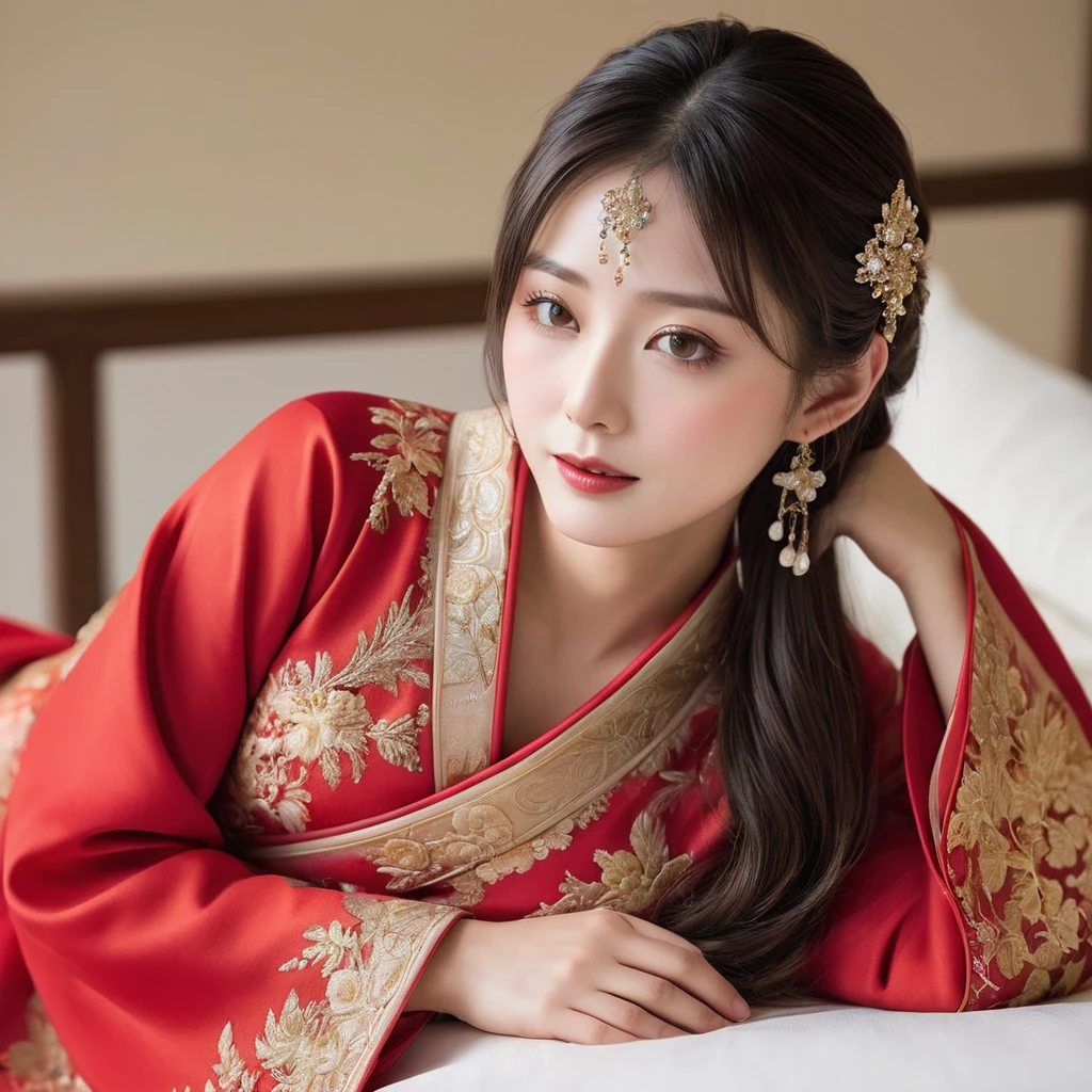 ((Highest quality)), ((masterpiece)), (detailed), （Perfect Face）、The woman is the beautiful Japanese woman, Satomi Ishihara, with large breasts and excellent proportions. She has her medium-long hair tied up and is wearing a gorgeous and glittering red wedding Hanfu with gold embroidery and trimmings. She is lavishly dressed and accessorized with luxurious accessories and an engagement ring.、A woman is embracing and kissing a handsome and dignified middle-aged Chinese man on a luxurious bed in a luxurious Chinese bedroom, making a deep and loving couple.、A woman is having her breasts fondled and caressed by a man