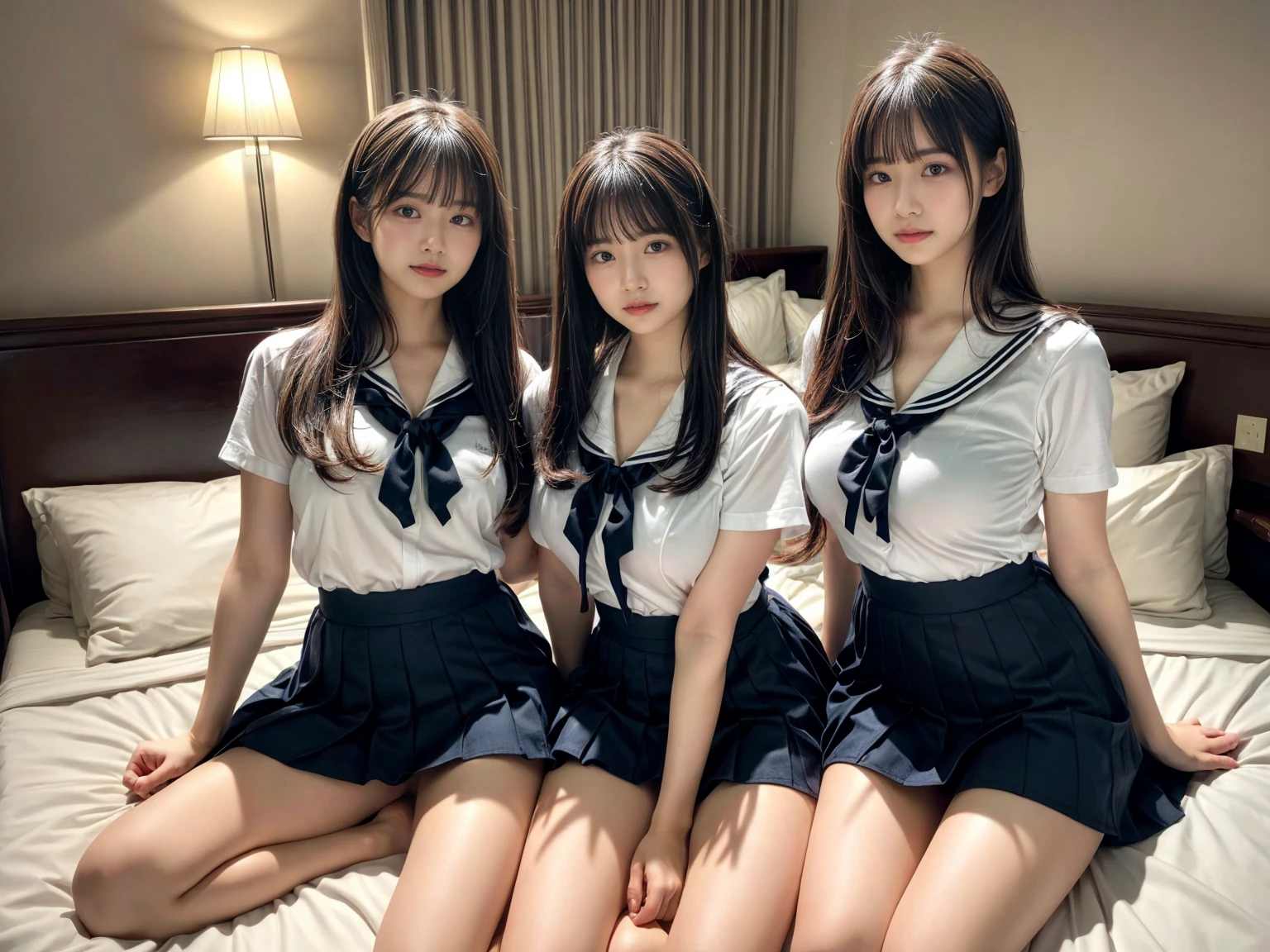 masterpiece, best quality, illustration, Super detailed, fine details, High resolution, 8K,wall paper, perfect dynamic composition,(Details High quality, realistic depiction of eyes:1.3), (3 girls), Black Sailor Uniform, serafuku, Navy pleated skirt, sitting, open legs, short bob hair, in a hotel room in the background, deep on field, large breasts, black hair color, Big Natural Color Lip, (perfect body shape), crying a little、Harajuku style、20 year old girl、cute type、beautiful legs, Gravure Idol