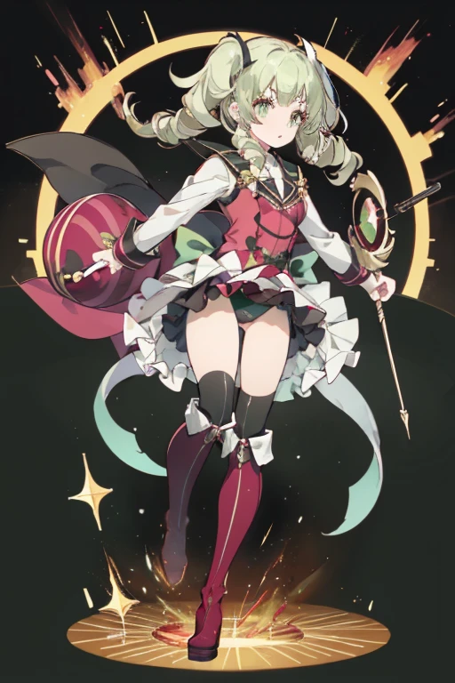 (masterpiece), (best quality), detailed,
1 girl, soro, twintails, long wavy hair twintails.hairs between eyes,dark green eyes ,dark green hair, (magical girl:1.2),
bow, dress, (pink:0.6), over legwear, boots, too many frills, too many bow, standing,striped panties.magical stick, mechanical stick, magic cercle, frying,
