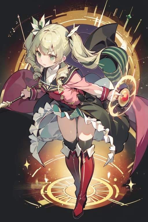 (masterpiece), (best quality), detailed,
1 girl, soro, twintails, long wavy hair twintails.hairs between eyes,dark green eyes ,dark green hair, (magical girl:1.2),
bow, dress, (pink:0.6), over legwear, boots, too many frills, too many bow, standing,striped panties.magical stick, mechanical stick, magic cercle, frying,