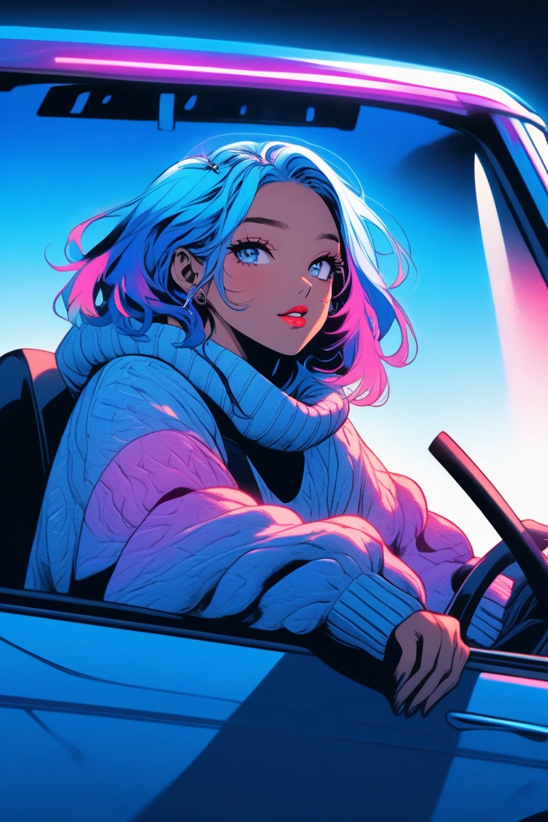 Illustrator, anime , Realistic ,sketch , One girl, ,lip, sweater,order, Blue gradient background, Neon Hair,textured crop, Canadian, (masterpiece,Highest quality)、Riding on the hood of a car