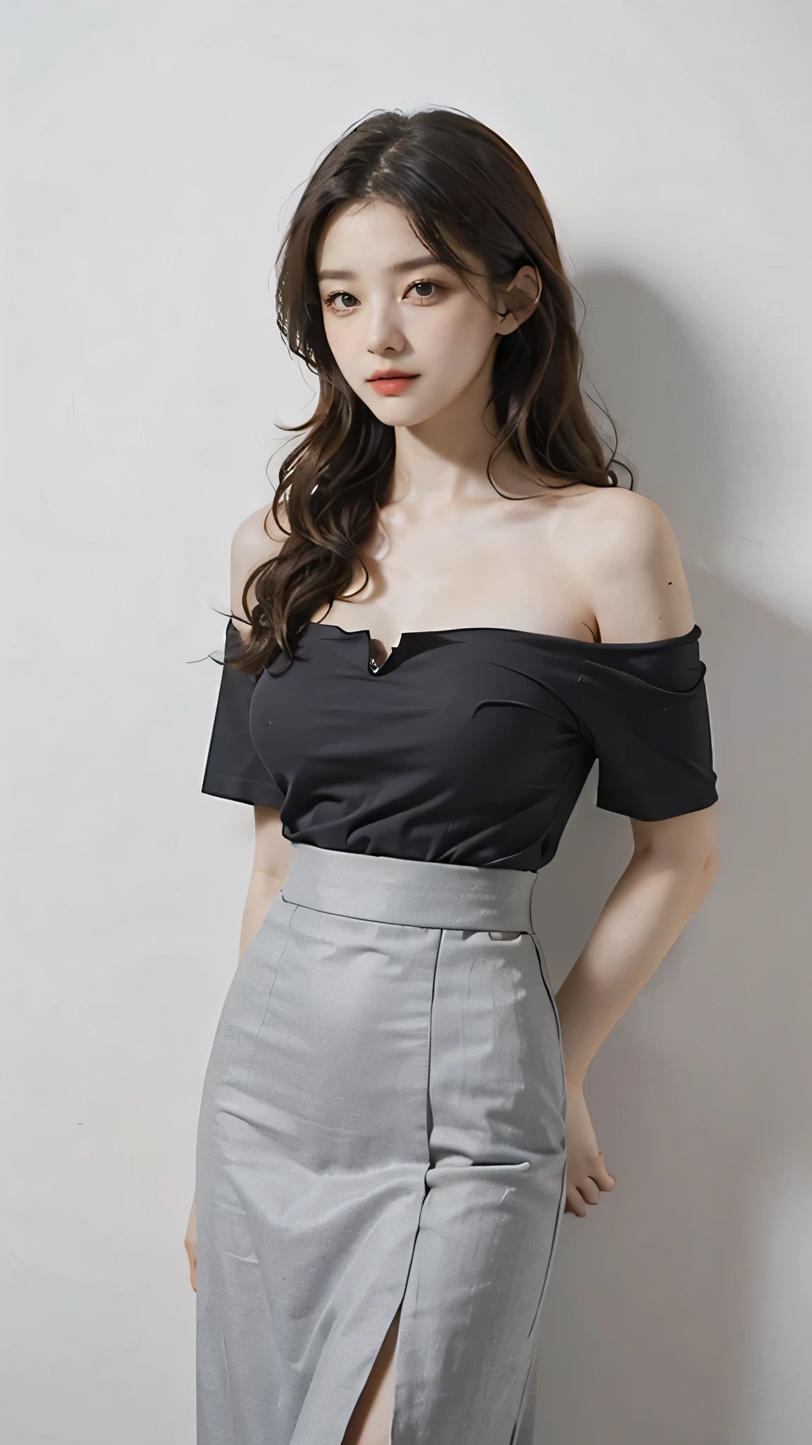 detailed background, masterpiece, best quality, 1 person , curly hair, long hair, purple eyes, star in eye , grey Strapless blouse, long  skirt, grey, tight 