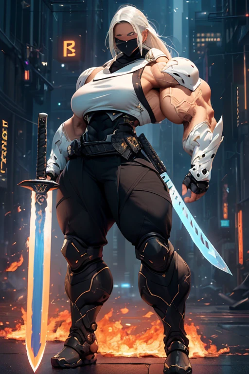 ((((Massive, beautiful, buff, muscular light brown skinned female ninja with white hair, black lipstick, ginormous bulky muscles, holding a white fire sword and wearing an a white cybernetic ninja armor with pants)))), {close view}, black eyeliner, massive muscles, large breast, massive biceps, hyper muscle triceps, (long straight hair), blue eyes, mask, ninja boots, In a futuristic city, steel ninja armor, nighttime, closed smile, hyper muscles arms, hyper muscle legs, ginormous arms