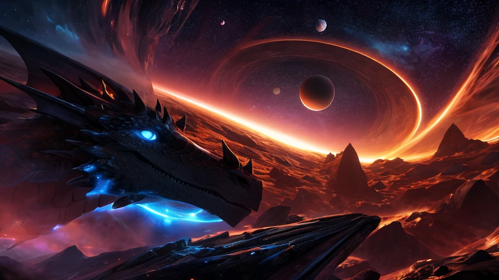 a giant dragon flying in the vast universe, dark matter black hole in the background, stars, planets, cinematic dramatic lighting, epic scale, highly detailed, 8k, photorealistic, awe-inspiring, dramatic, majestic, vibrant colors, dramatic lighting, volumetric fog, cinematic composition