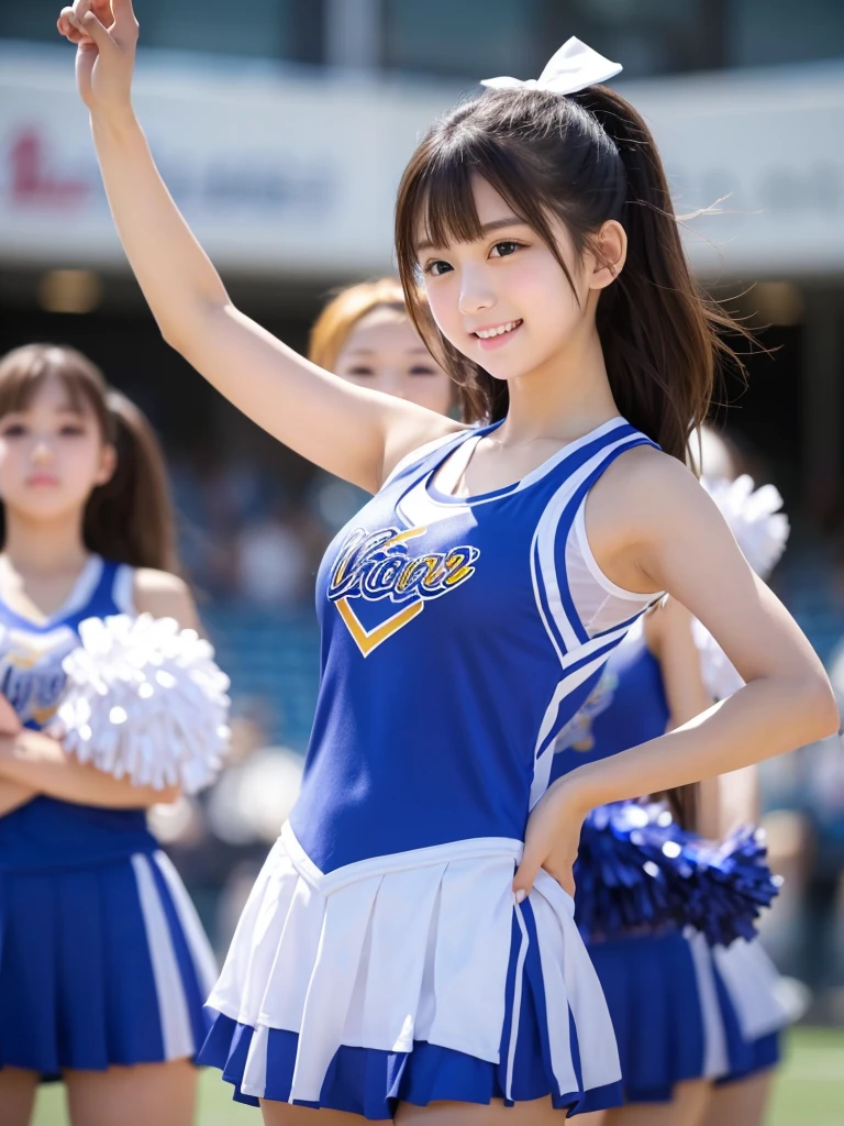 (Best-quality, Masterpiece, Ultra-High-Resolution, (Photorealistic:1.4), Raw Photo, depth of field, professional lighting, perfect anatomy, extremely details), 1girl, -yeld, thost famous Japanese idol, ((wearing cheerleading sleeveless-shirt, short-spats, cheerleading pleated-skirt)), (extremely cute face, ((extremely cute big-eyes)), extremely cute hair, ((extremely beautiful and extremely realistic skins))), dynamic pose, looking at viewer, innocent smile