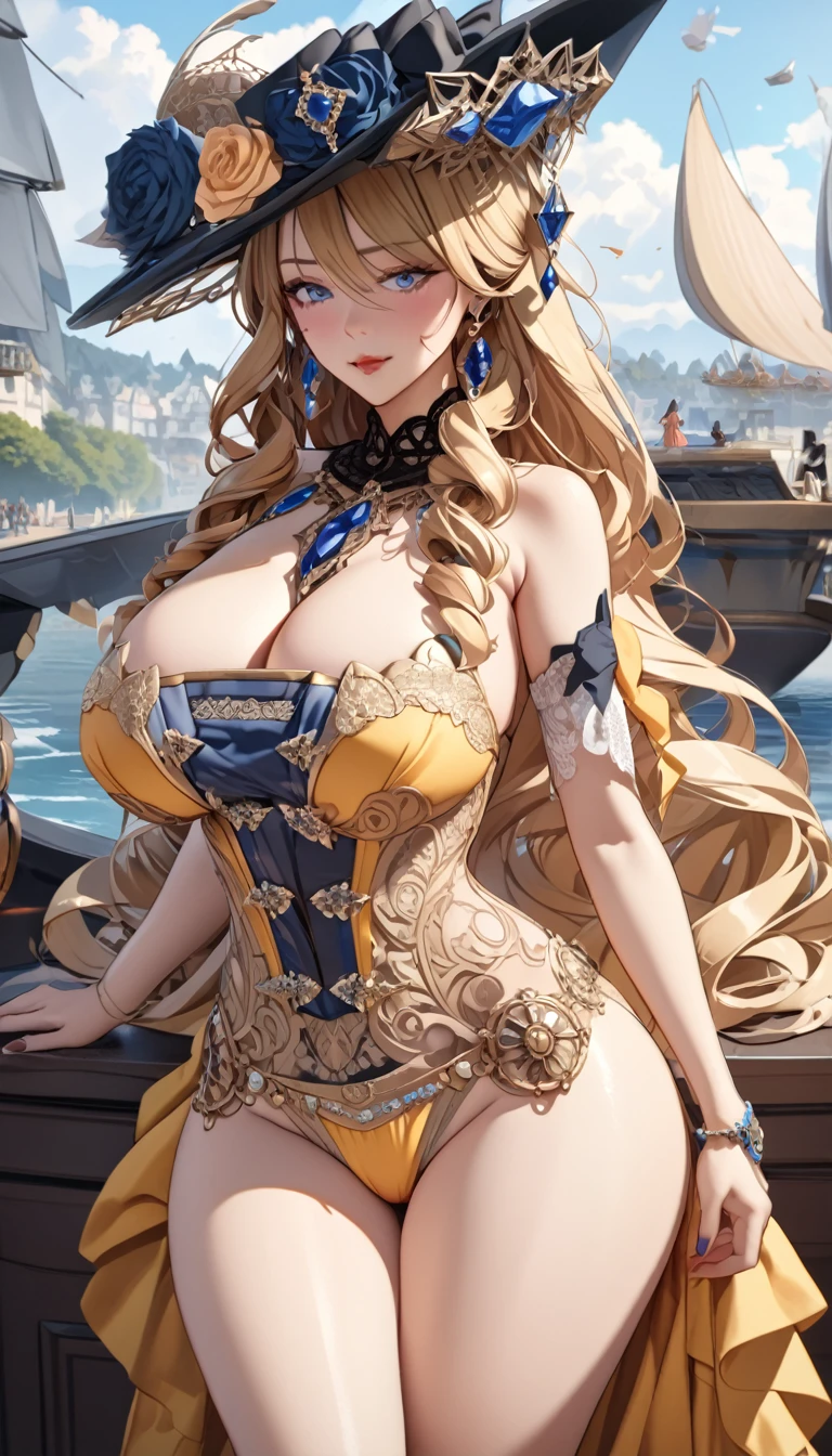 anime, ultra detailed, hyper detailed, best quality, highres, 4K, master piece, 1 female, 28-year-old, Navia, y lingerie, gigantic, huge bre