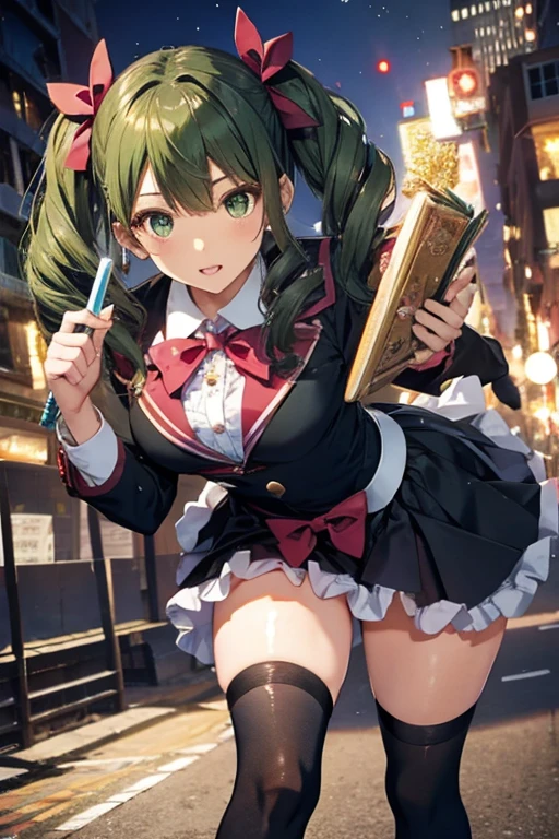 (masterpiece), (best quality), detailed,
1 girl, soro, twintails, long wavy hair twintails.hairs between eyes,dark green eyes ,dark green hair, (magical girl:1.2),
bow, dress, (pink:0.6), over legwear, boots, too many frills, too many bow, standing,striped panties.magical stick, mechanical stick, magic cercle, frying,