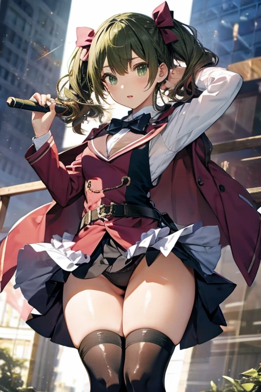 (masterpiece), (best quality), detailed,
1 girl, soro, twintails, long wavy hair twintails.hairs between eyes,dark green eyes ,dark green hair, (magical girl:1.2),
bow, dress, (pink:0.6), over legwear, boots, too many frills, too many bow, standing,striped panties.magical stick, mechanical stick, magic cercle, frying,