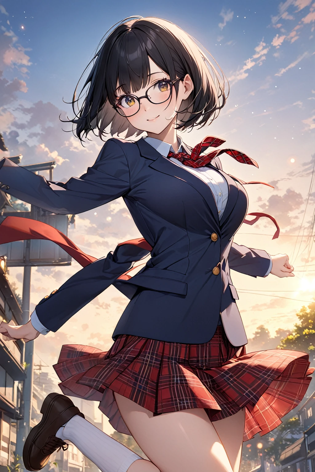 (Beautiful 18 year old Japanese woman), Cute Face, Navy Blue Blazer,Ribbon tie,Red tartan check skirt, tiny socks,Glasses,(Deeply chiseled face:0.7), (freckles:0.6), Soft Light,Healthy white skin, Black Hair,Bobcut,, (Sparkling eyes), thin,Outdoor,Very large breasts,Big Jump