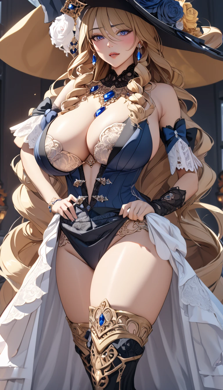 anime, ultra detailed, hyper detailed, best quality, highres, 4K, master piece, 1 female, 28-year-old, Navia, sexy lingerie, gigantic, huge breast