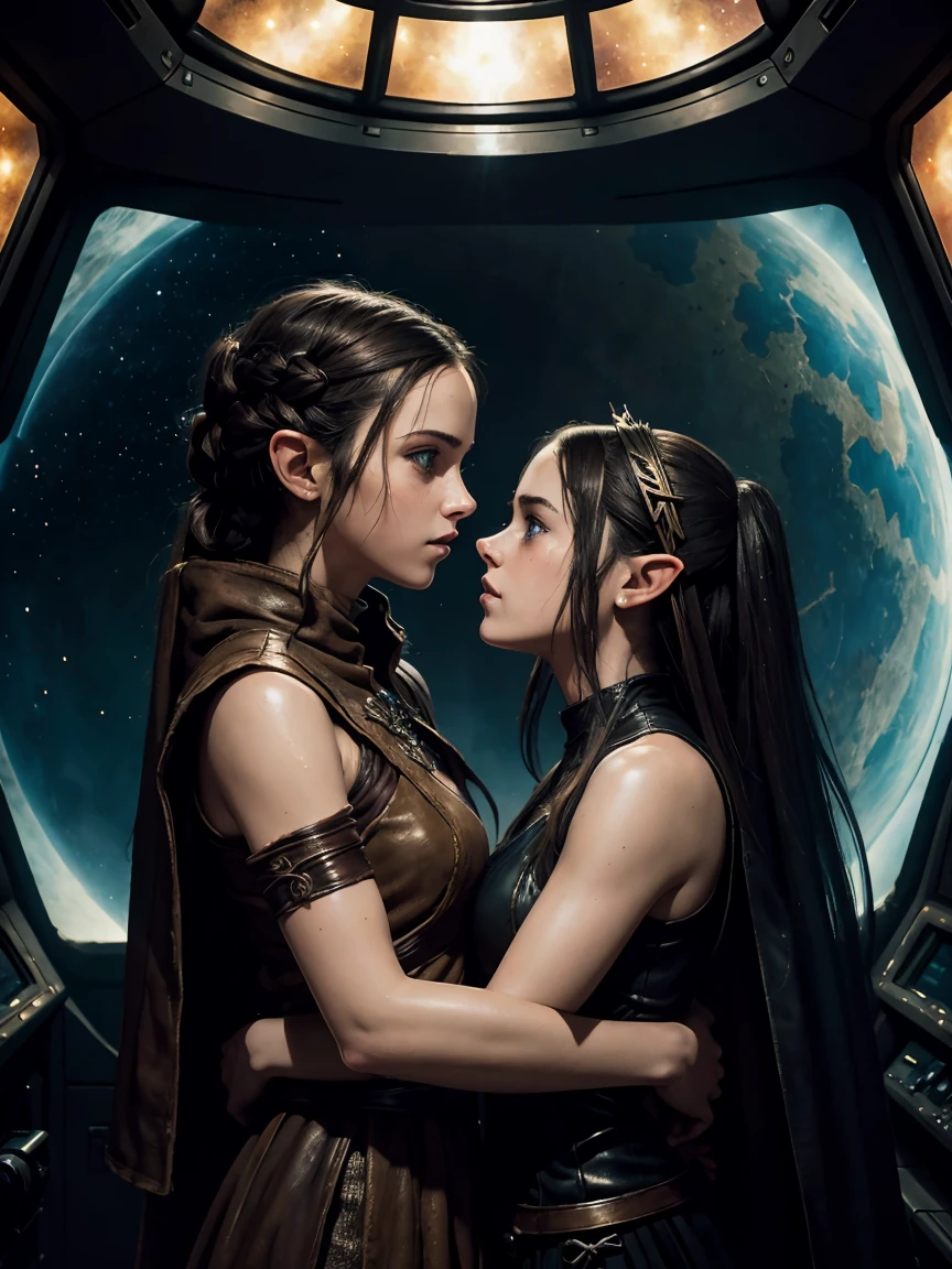 masterpiece. dark ambient. epic fantasy oil painting. Rey Skywalker twin sister hugging twin sister Princess Zelda, inside spaceship. stylish, ripped shiny leather dress. kissing. sweating. Background and stars.