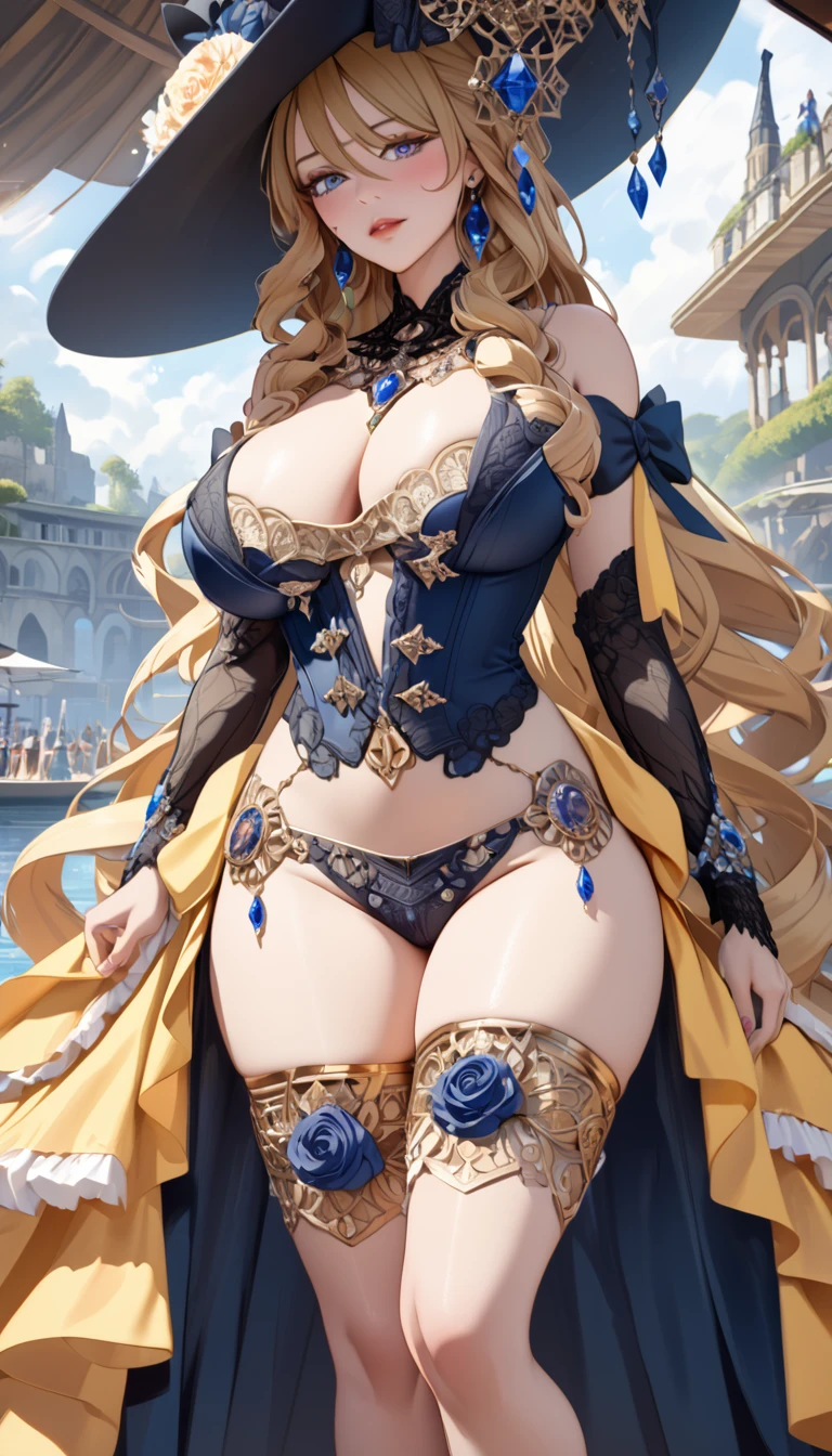 anime, ultra detailed, hyper detailed, best quality, highres, 4K, master piece, 1 female, 28-year-old, Navia, sexy lingerie, gigantic, huge breast