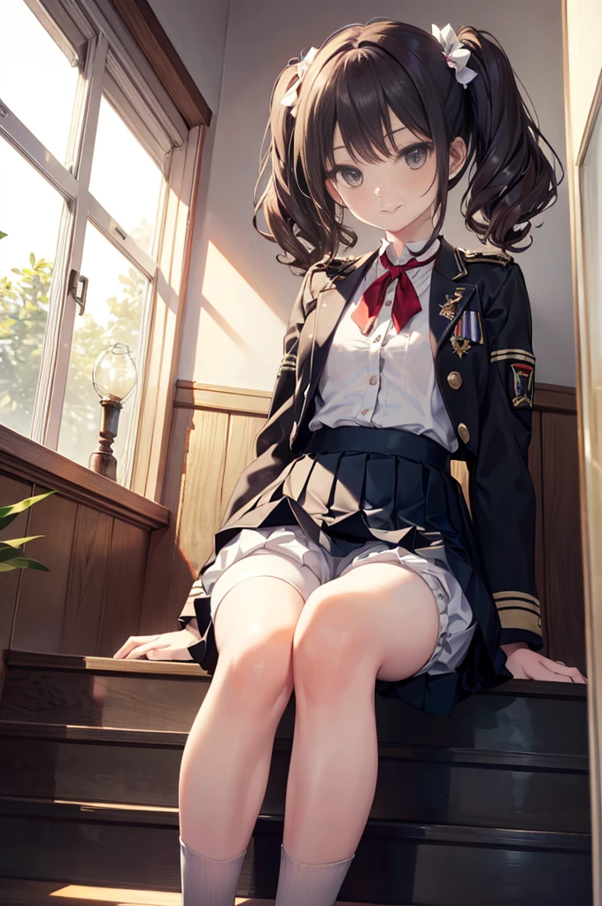 (masterpiece), 4K,woman,long sleeve military uniform,hat,Small breasts,Small Ass,2 feet,Curly Twin Tails,Light bulb lighting,Realistic, skinny, Big smile,((Wear short bloomers under your skirt)),Sitting on the stairs,((Knee-length pleated skirt)),Angle from below the knee