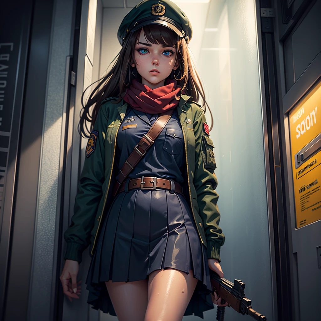 masterpiece, highest quality, (solo focus), (perfect face:1.1), (high detail:1.1), 1girl, ((guarding elevator)), brown hair, ((long hair)), blue eyes, military jacket, large scarf, long coattails, short skirt, long socks, flat cap, shotgun, firearm, sweaty, glistening skin, detailed background, moonlight, neon streets, barricade, cinematic lighting