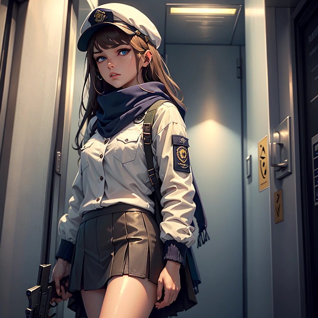 masterpiece, highest quality, (solo focus), (perfect face:1.1), (high detail:1.1), 1girl, ((guarding elevator)), brown hair, ((long hair)), blue eyes, military jacket, large scarf, long coattails, short skirt, long socks, flat cap, shotgun, firearm, sweaty, glistening skin, detailed background, moonlight, neon streets, barricade, cinematic lighting