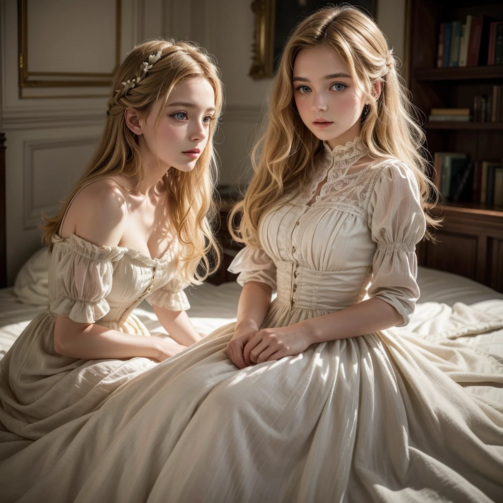 A very beautiful French woman wearing a delicate dress from the 1890s She is looking forward with a subtle and delicate expression She has slightly wavy blonde hair