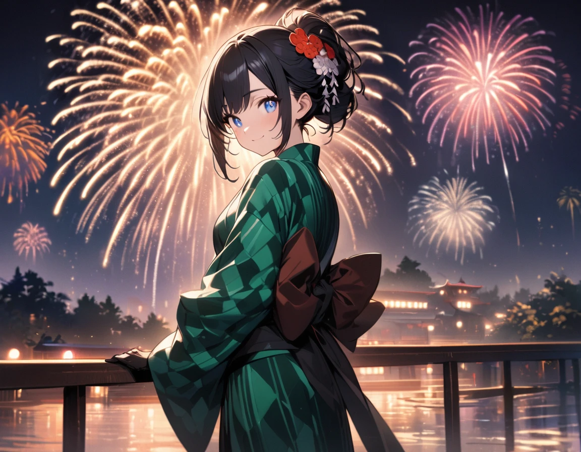 1 girl,amazing quality, aesthetic,ultra-detailed face,detailed eyes,fair skin,lash extension,sparkling pupils,blue eyes,checkered pattern green yukata decorated with race,Japanese clothes,(long sleeve, long hem),race black gloves,smile,half updo,Goldfish shaped kanzashi hairpin,black hair,cowboy shot,Looking back at the viewer,night, (fireworks:1.4) in the sky,very wide shot, masterpiece, top quality, highly detailed illustration, incredibly delicate and beautiful